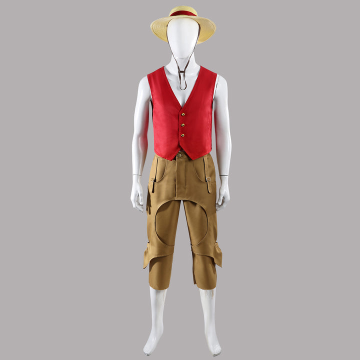 One Piece TV Season 2 Luffy Red Vest Pants Outfit Cosplay Costumes