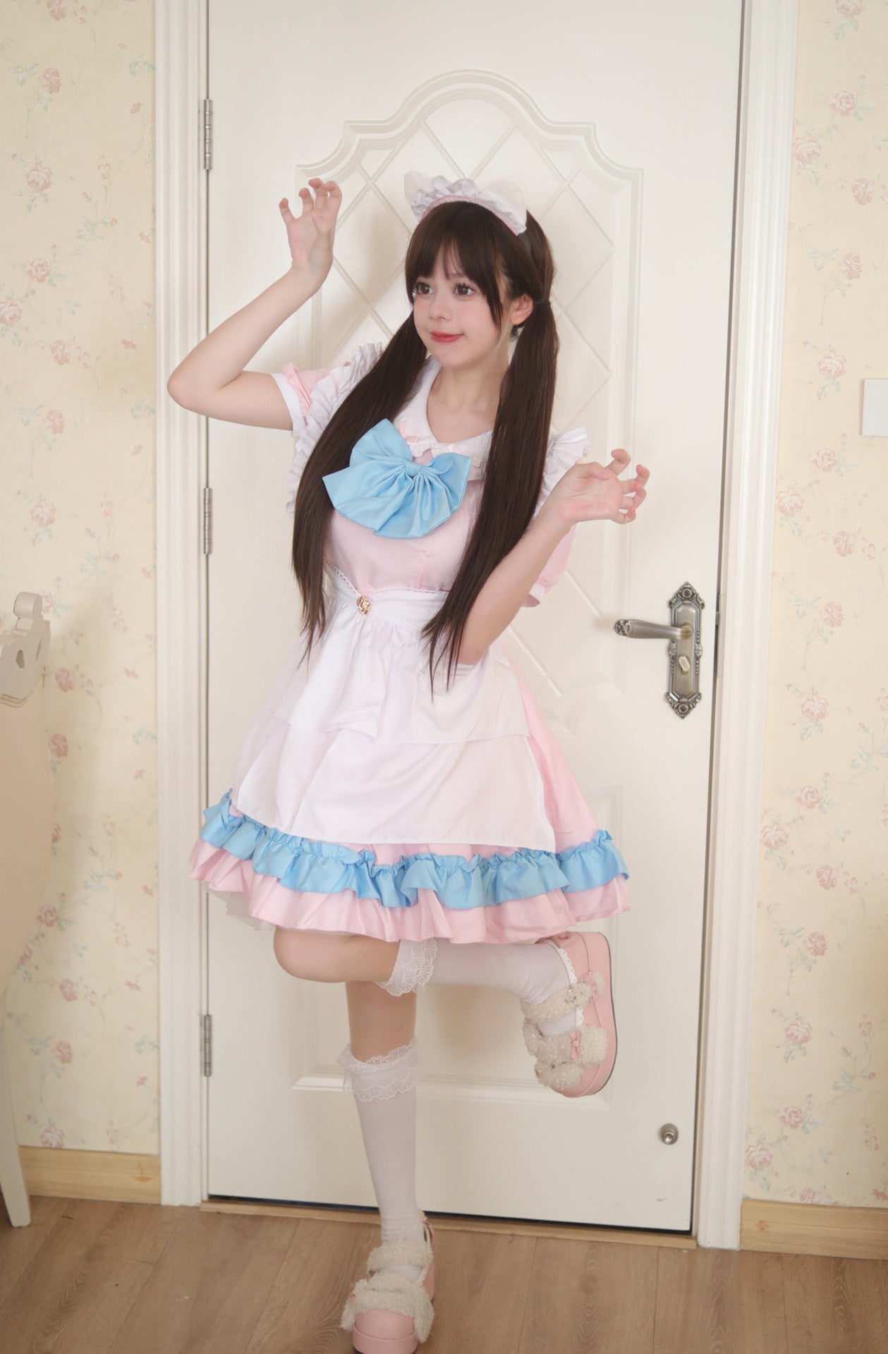 Blue Bow Pink Maid Outfit Crossdresser Plus Dress Cosplay Costume