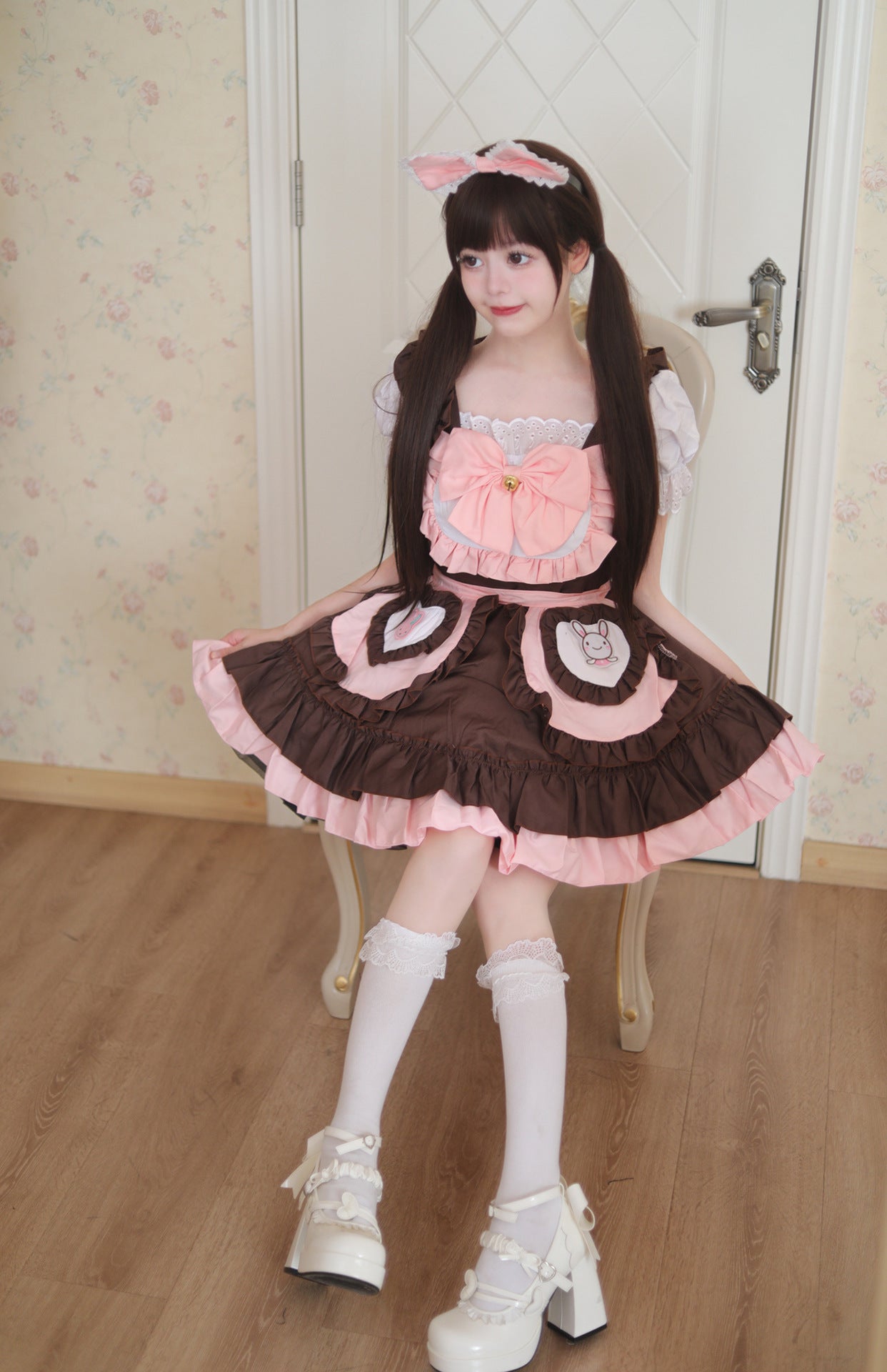 Original Cute Bunny Maid Outfit Pink Brown Plus Cosplay Costume