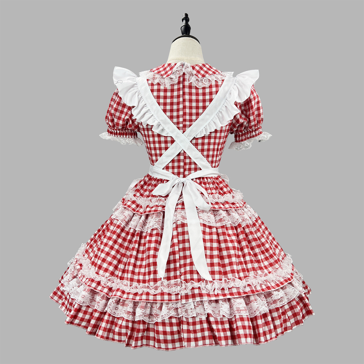 Red Plaid Cute Honey Maid Outfit Lolita Dress Cosplay Costume