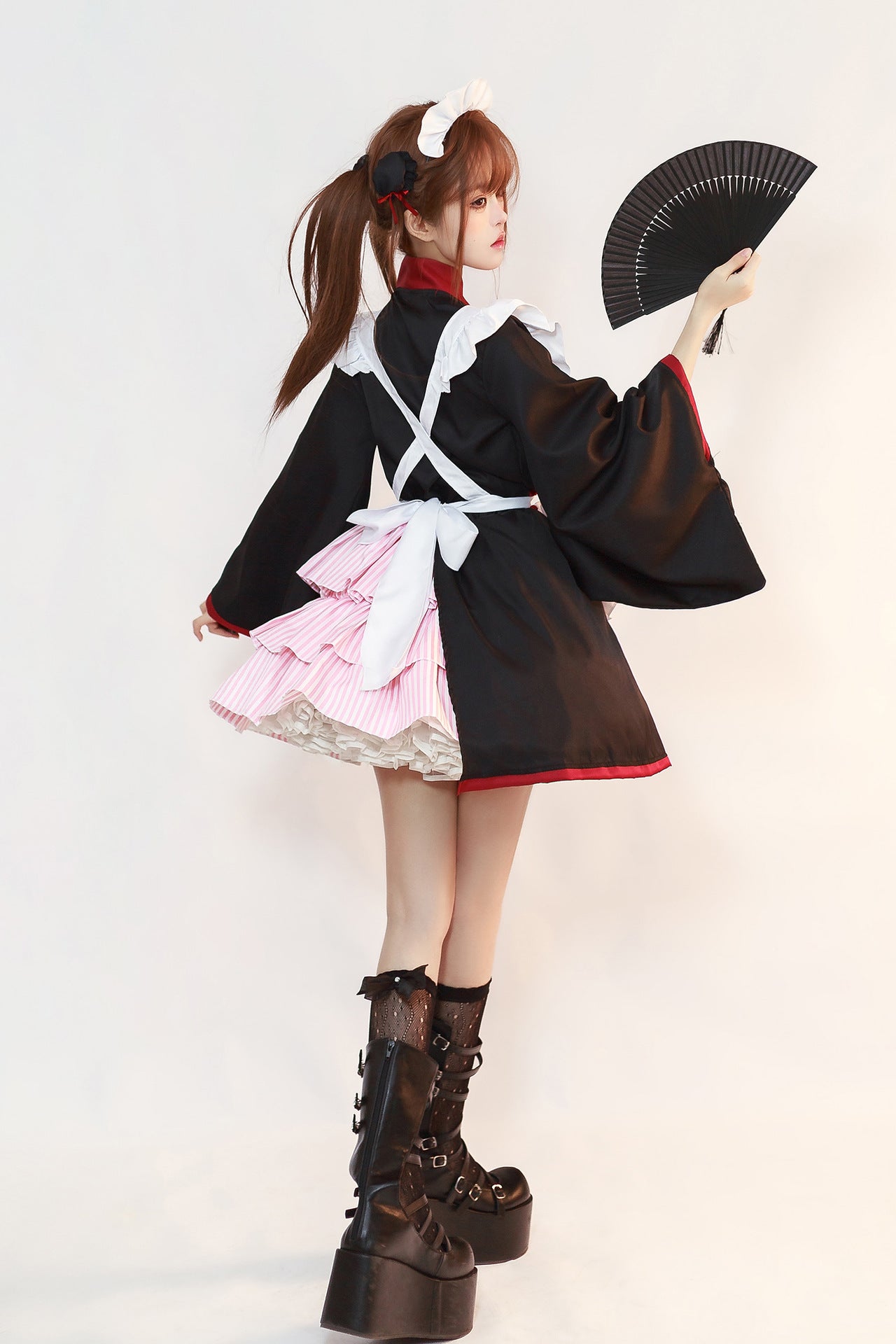 Pink Striped Skirt Kimono Maid Outfit Plus Size Cosplay Costume