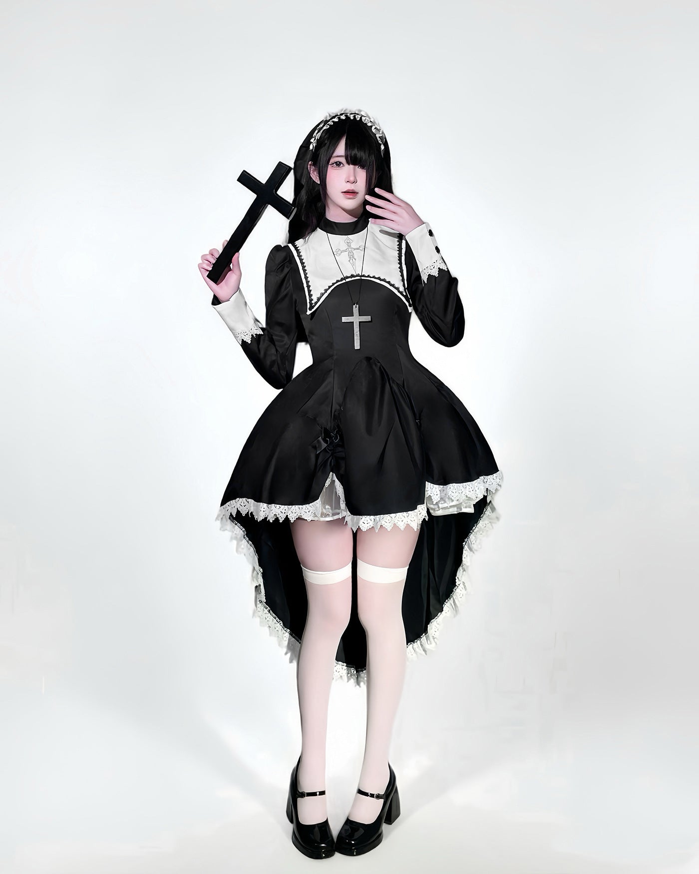 Dark Cool Halloween Maid Outfit with Headgear Cosplay Costume