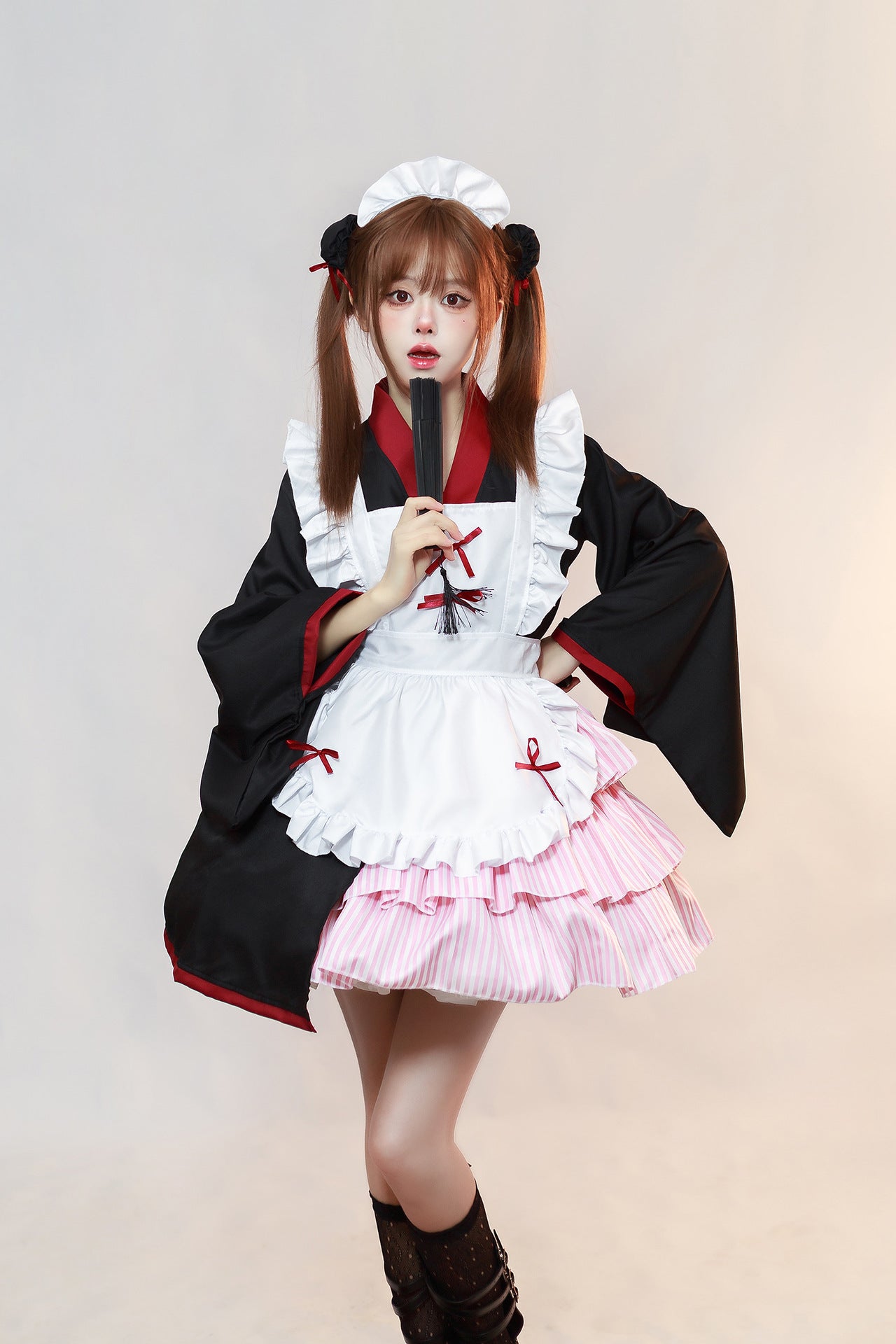 Pink Striped Skirt Kimono Maid Outfit Plus Size Cosplay Costume