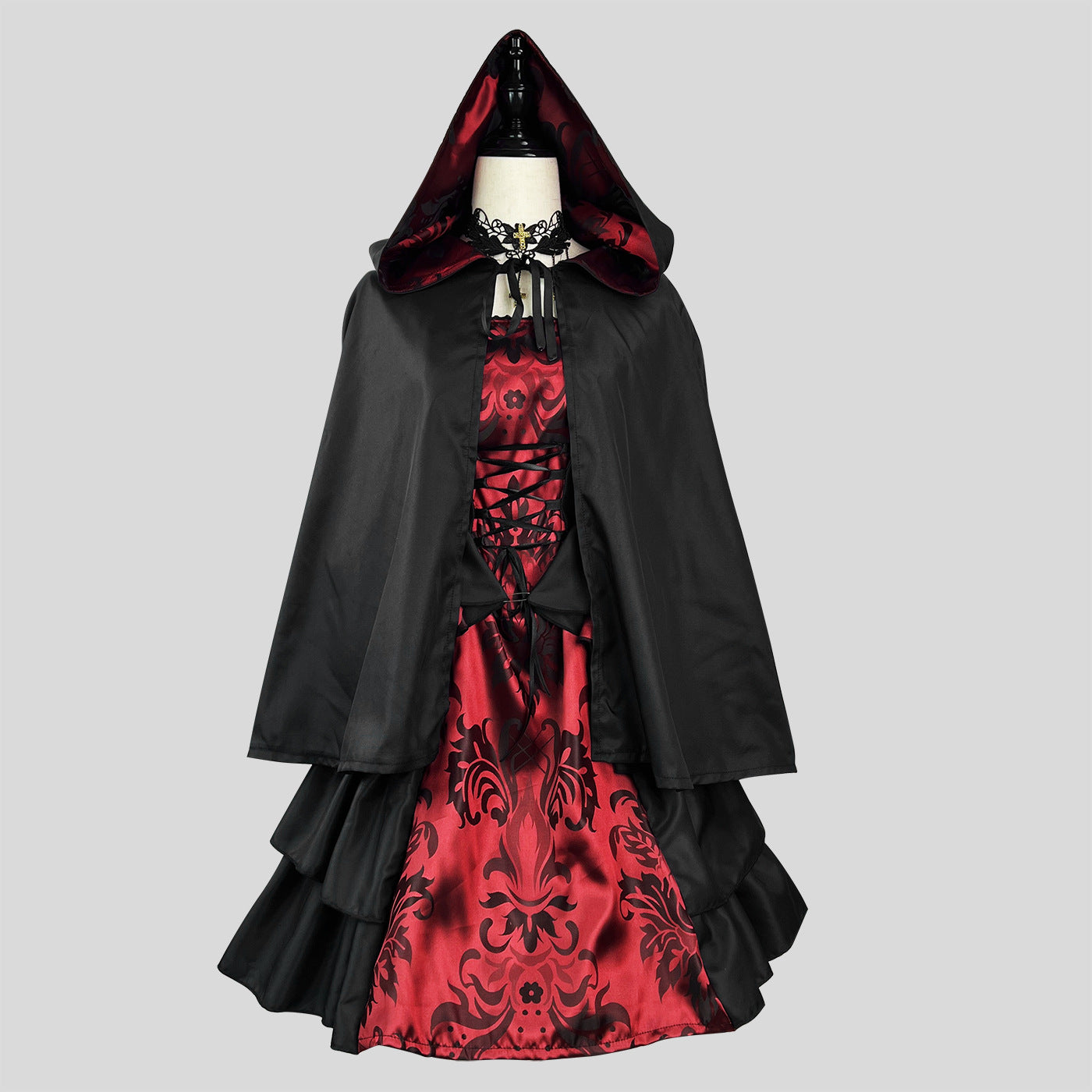 Black Floral Red Court Dress with Hooded Cloak Cosplay Costume