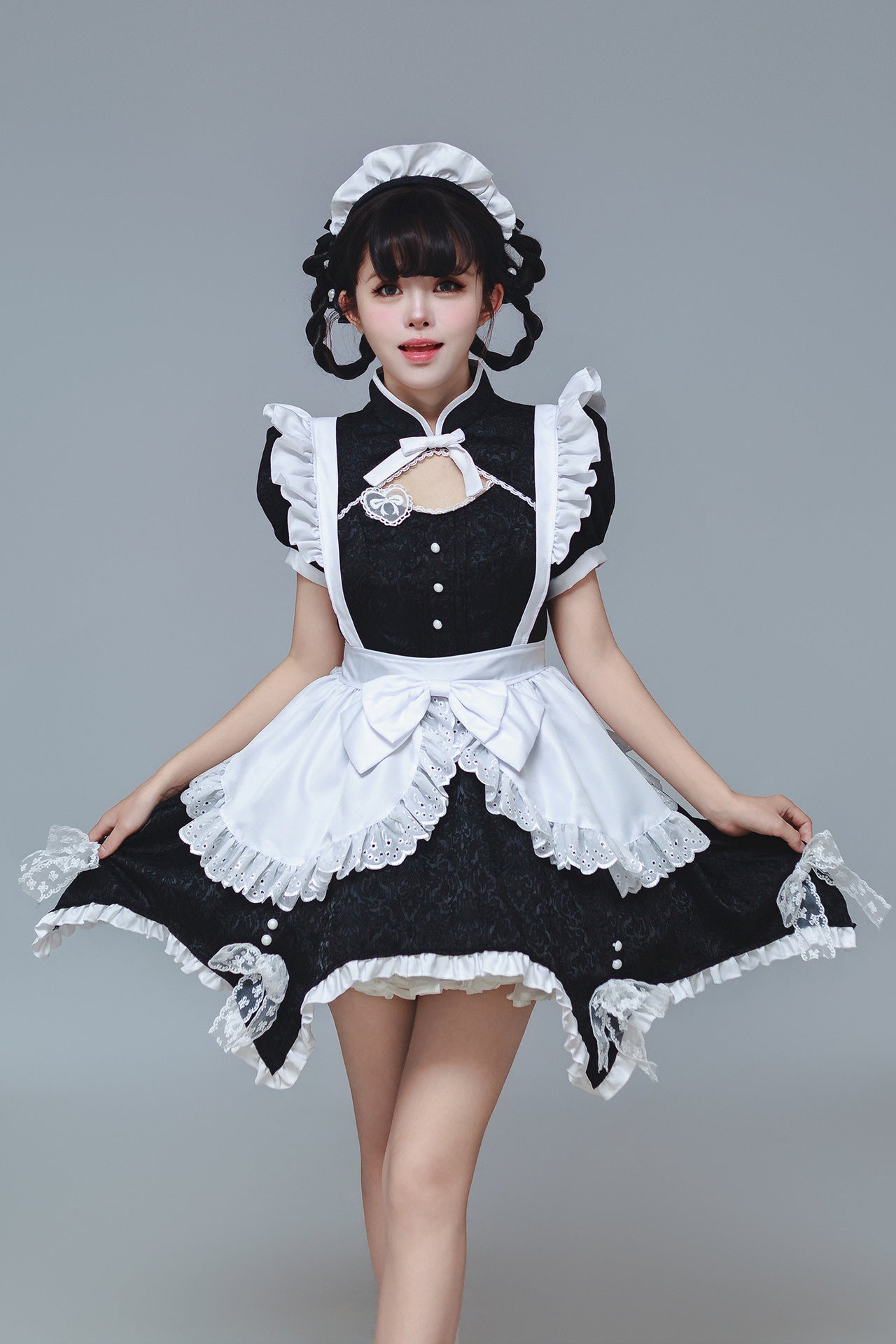 Black Low Contrast Damask Maid Outfit Cheongsam Cosplay Costume