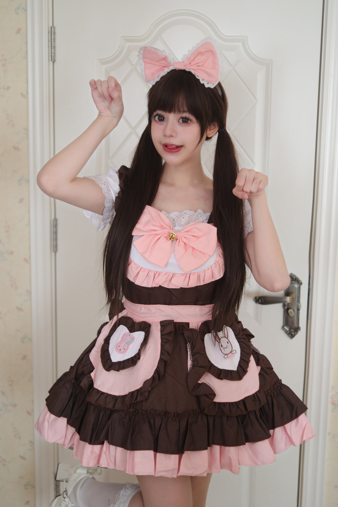 Original Cute Bunny Maid Outfit Pink Brown Plus Cosplay Costume