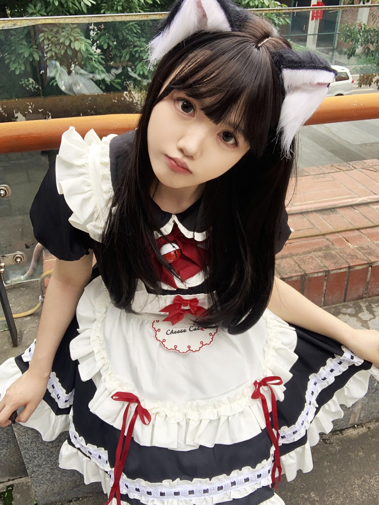 Cafe Waitress Red Bow Maid Outfit Lolita Dress Cosplay Costume