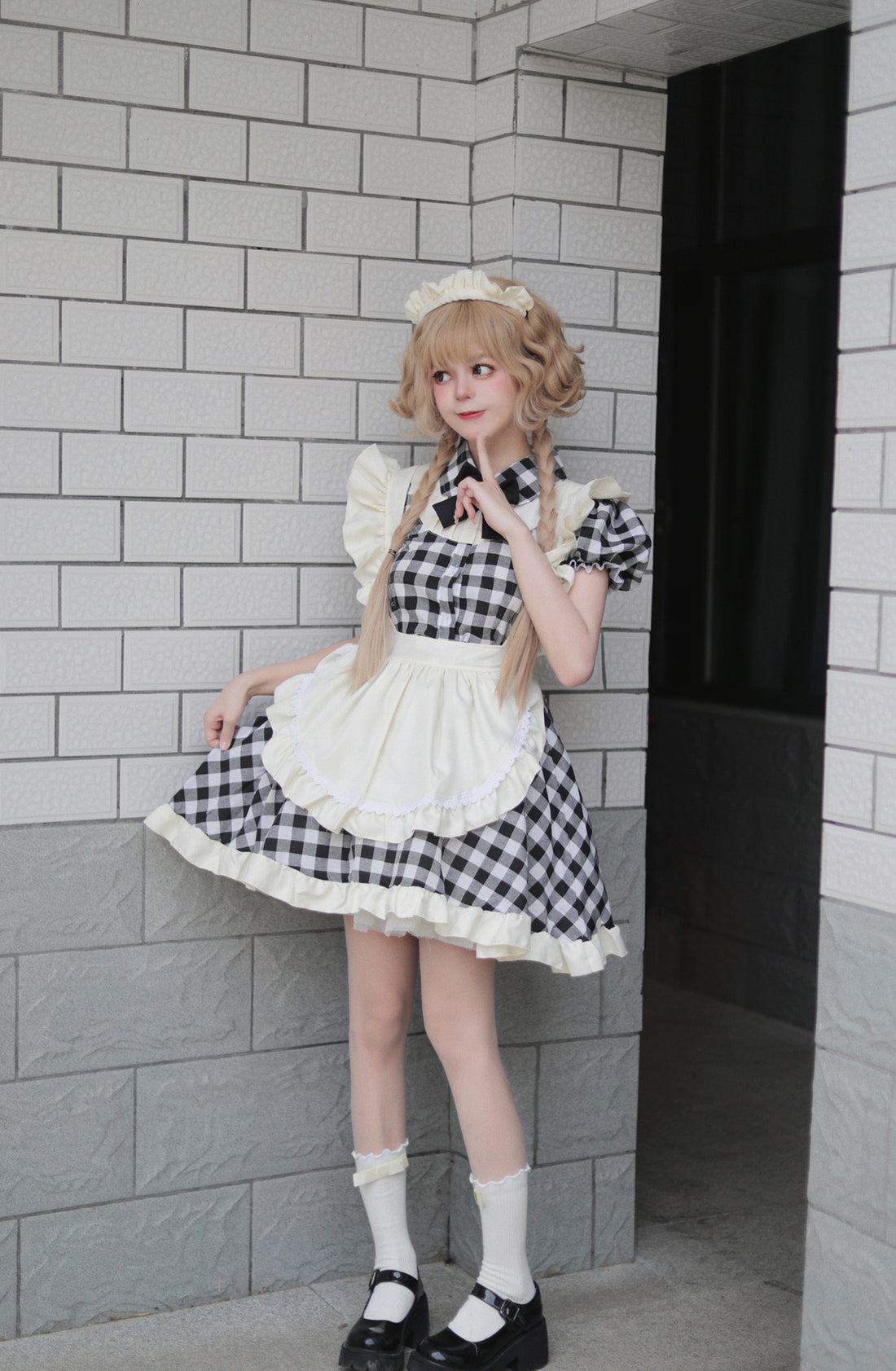 Black Red Grid Plus Size Maid Outfit Dress Fancy Cosplay Costume