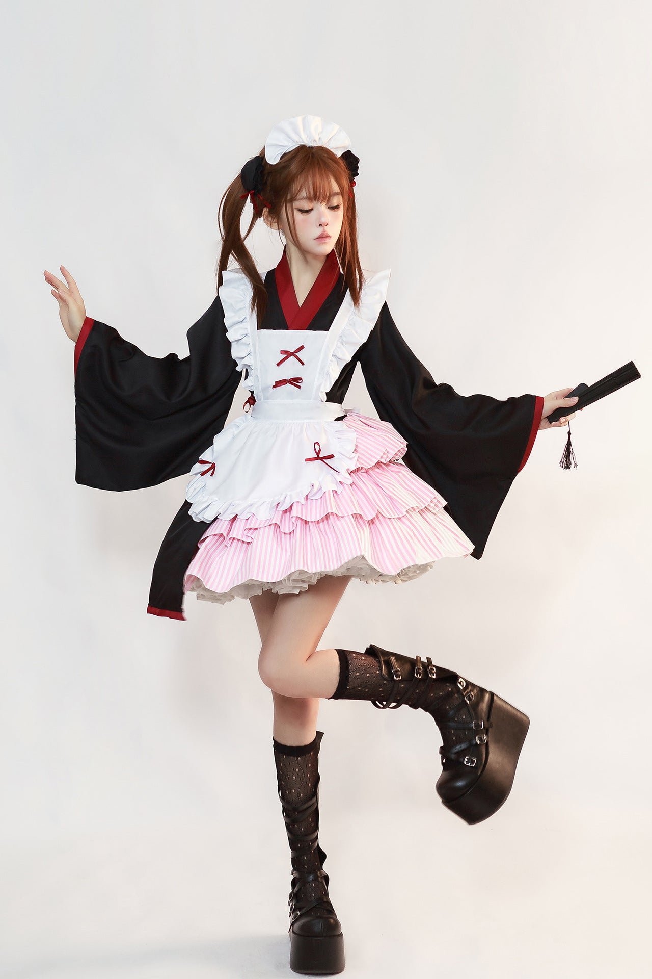 Pink Striped Skirt Kimono Maid Outfit Plus Size Cosplay Costume