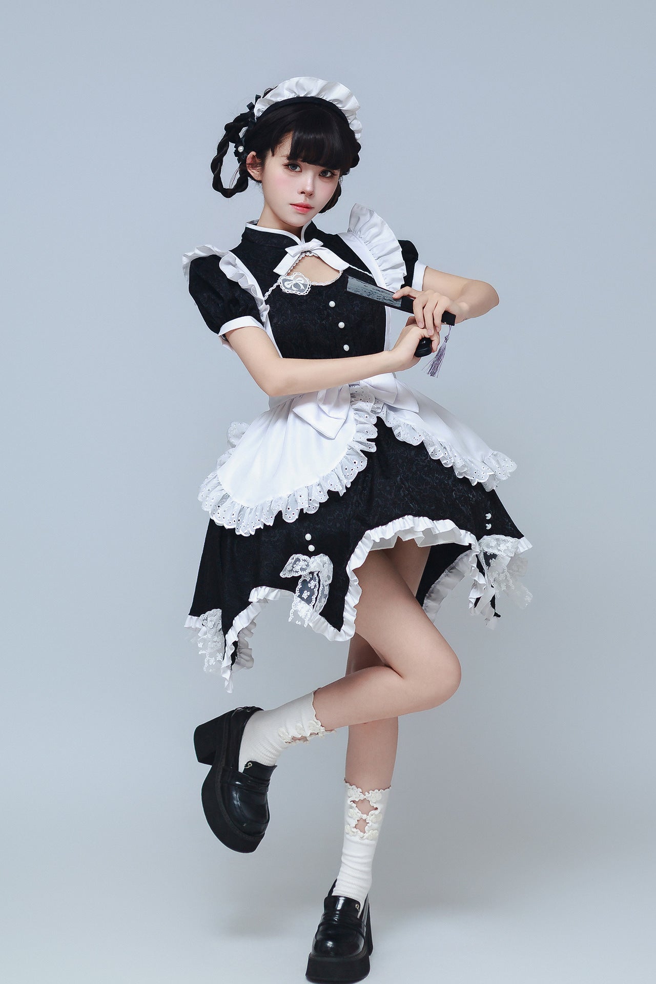 Black Low Contrast Damask Maid Outfit Cheongsam Cosplay Costume