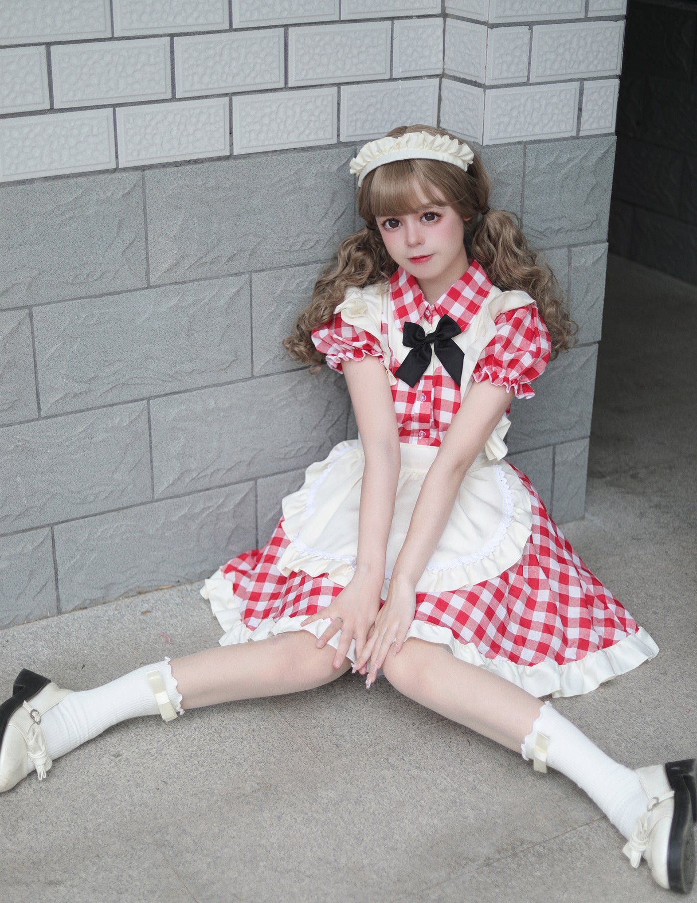 Black Red Grid Plus Size Maid Outfit Dress Fancy Cosplay Costume