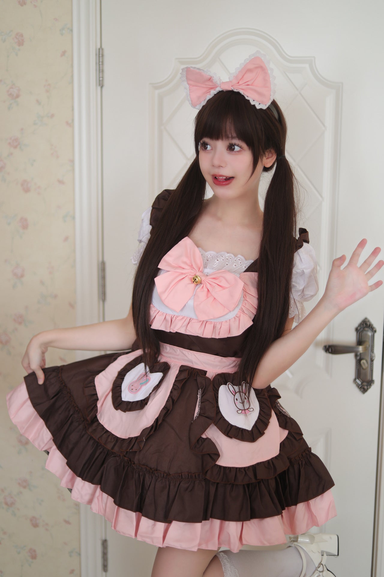 Original Cute Bunny Maid Outfit Pink Brown Plus Cosplay Costume