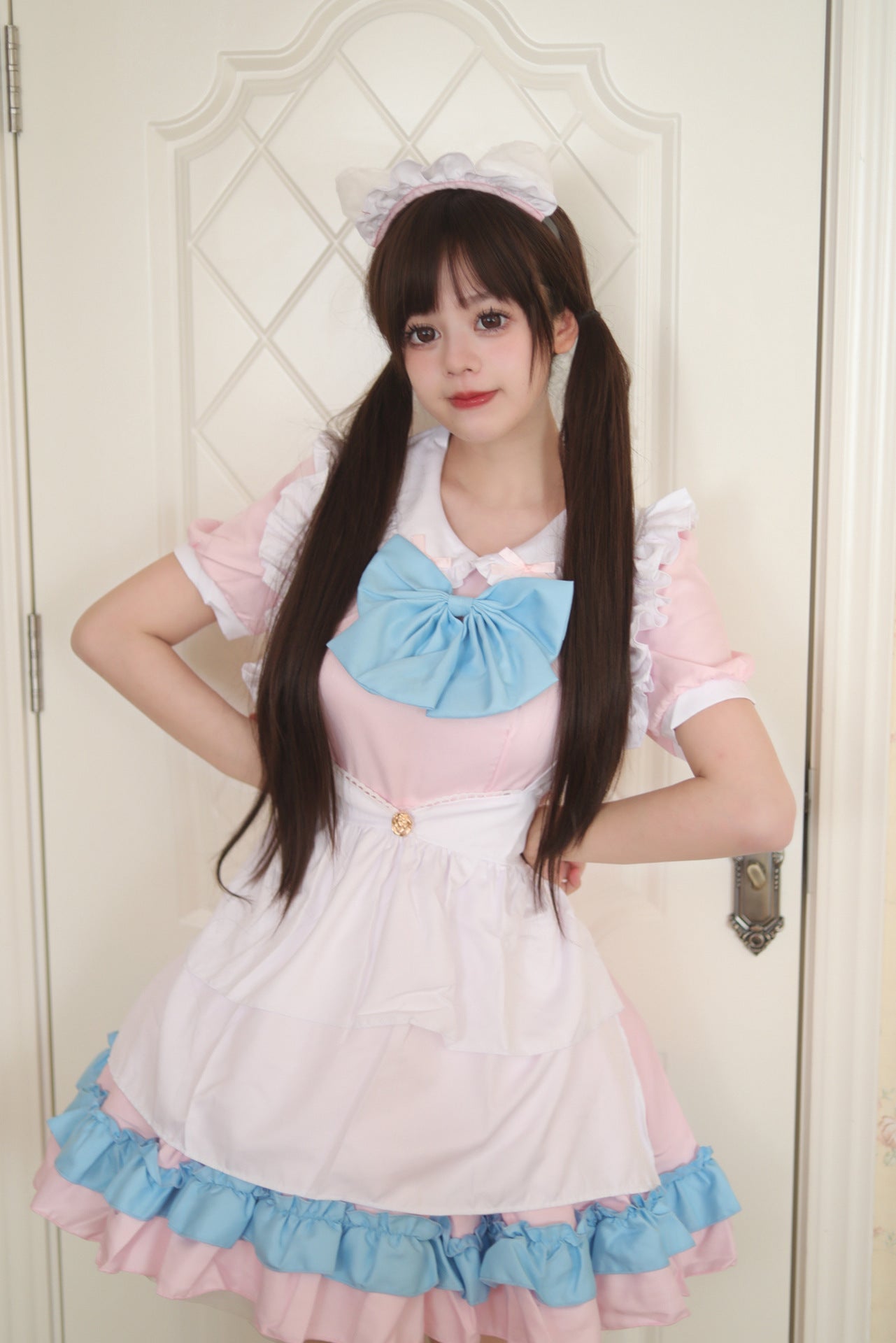 Blue Bow Pink Maid Outfit Crossdresser Plus Dress Cosplay Costume