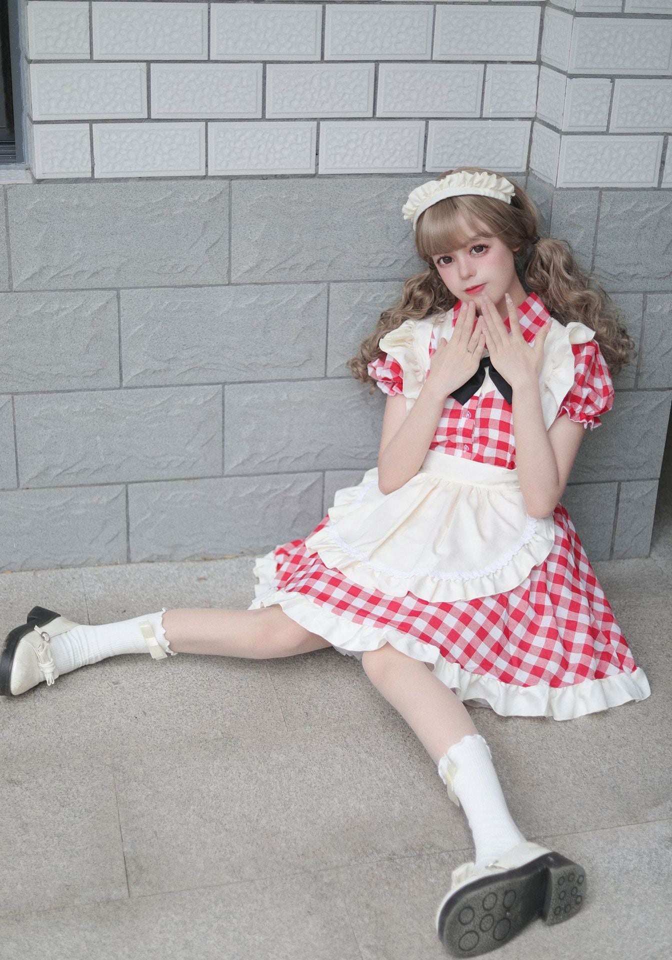 Black Red Grid Plus Size Maid Outfit Dress Fancy Cosplay Costume