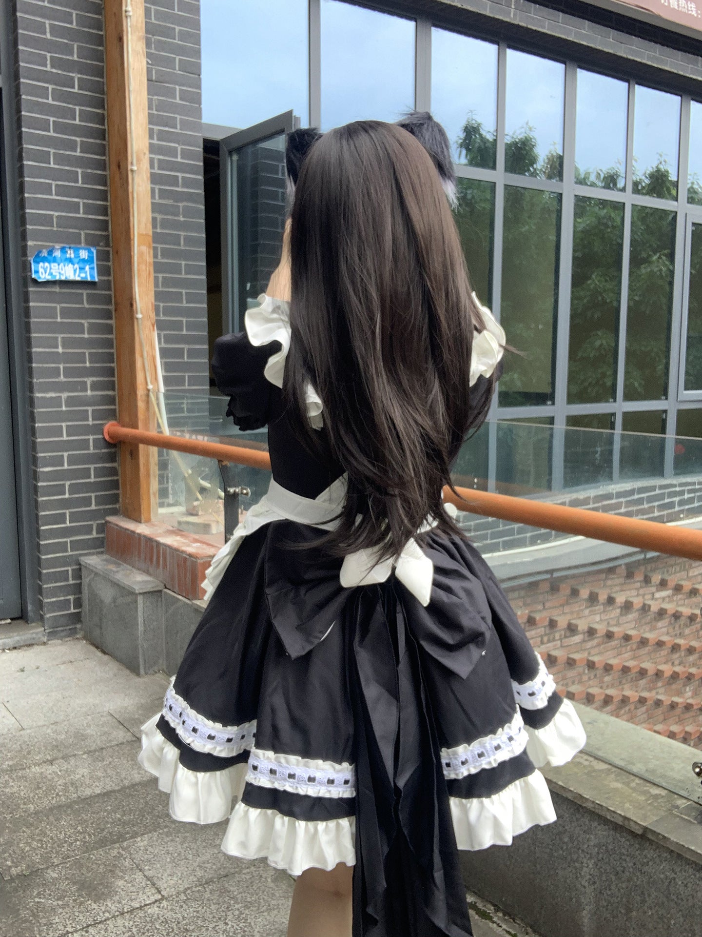 Cafe Waitress Red Bow Maid Outfit Lolita Dress Cosplay Costume