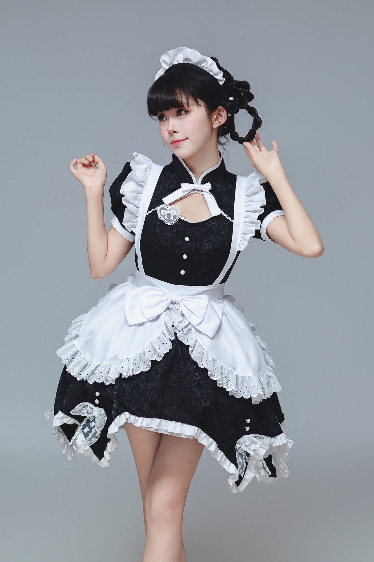Black Low Contrast Damask Maid Outfit Cheongsam Cosplay Costume