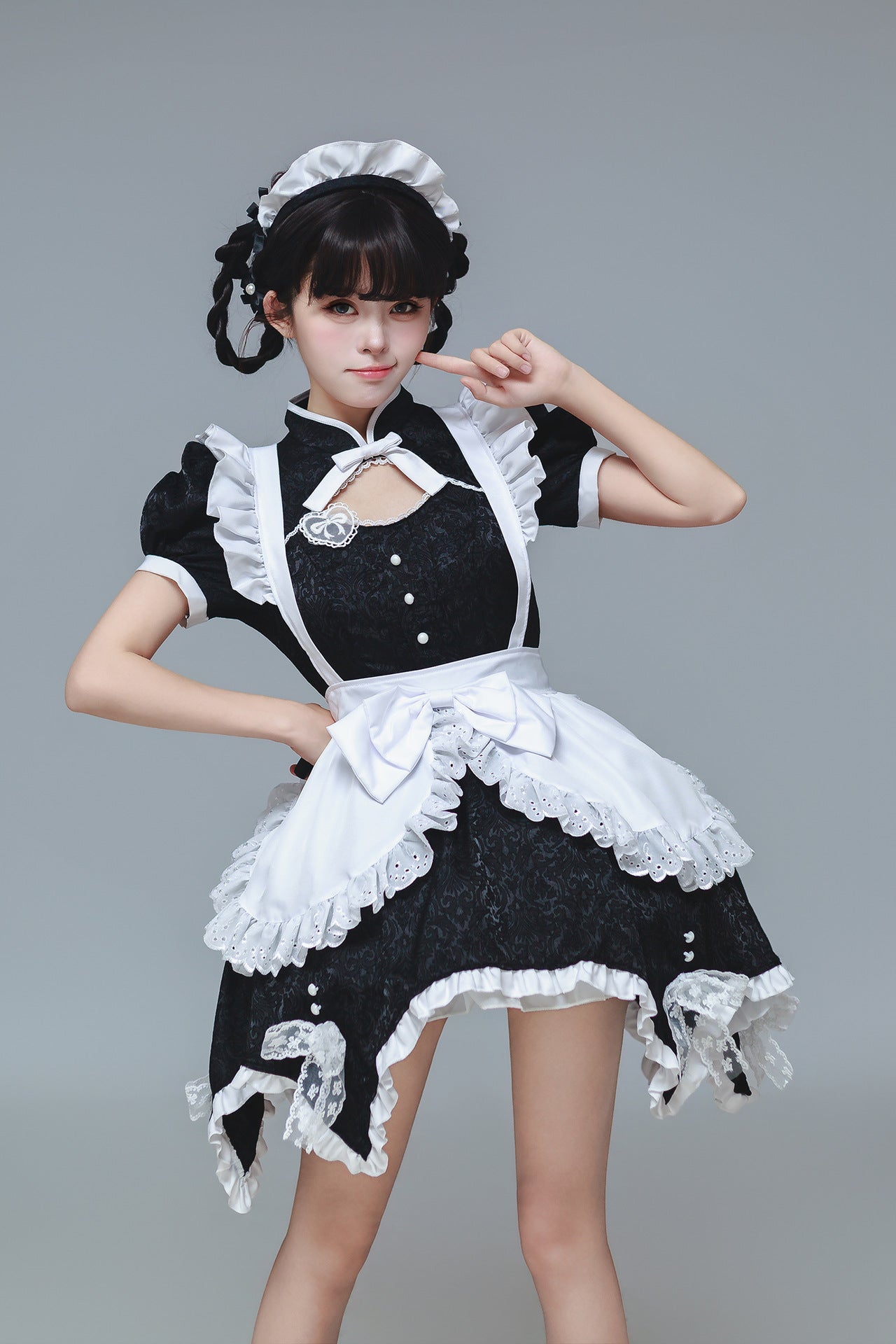 Black Low Contrast Damask Maid Outfit Cheongsam Cosplay Costume