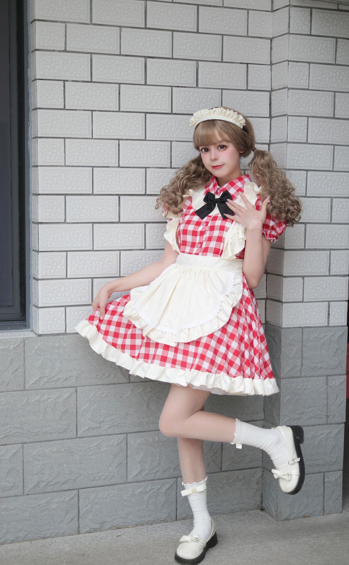 Black Red Grid Plus Size Maid Outfit Dress Fancy Cosplay Costume