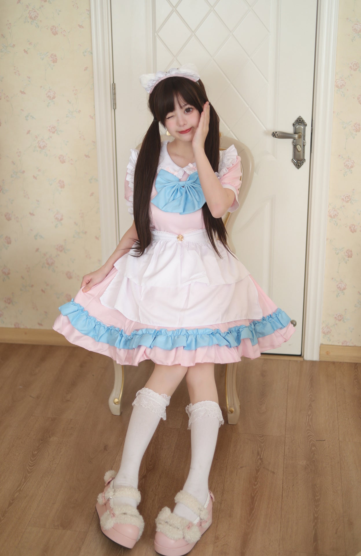 Blue Bow Pink Maid Outfit Crossdresser Plus Dress Cosplay Costume