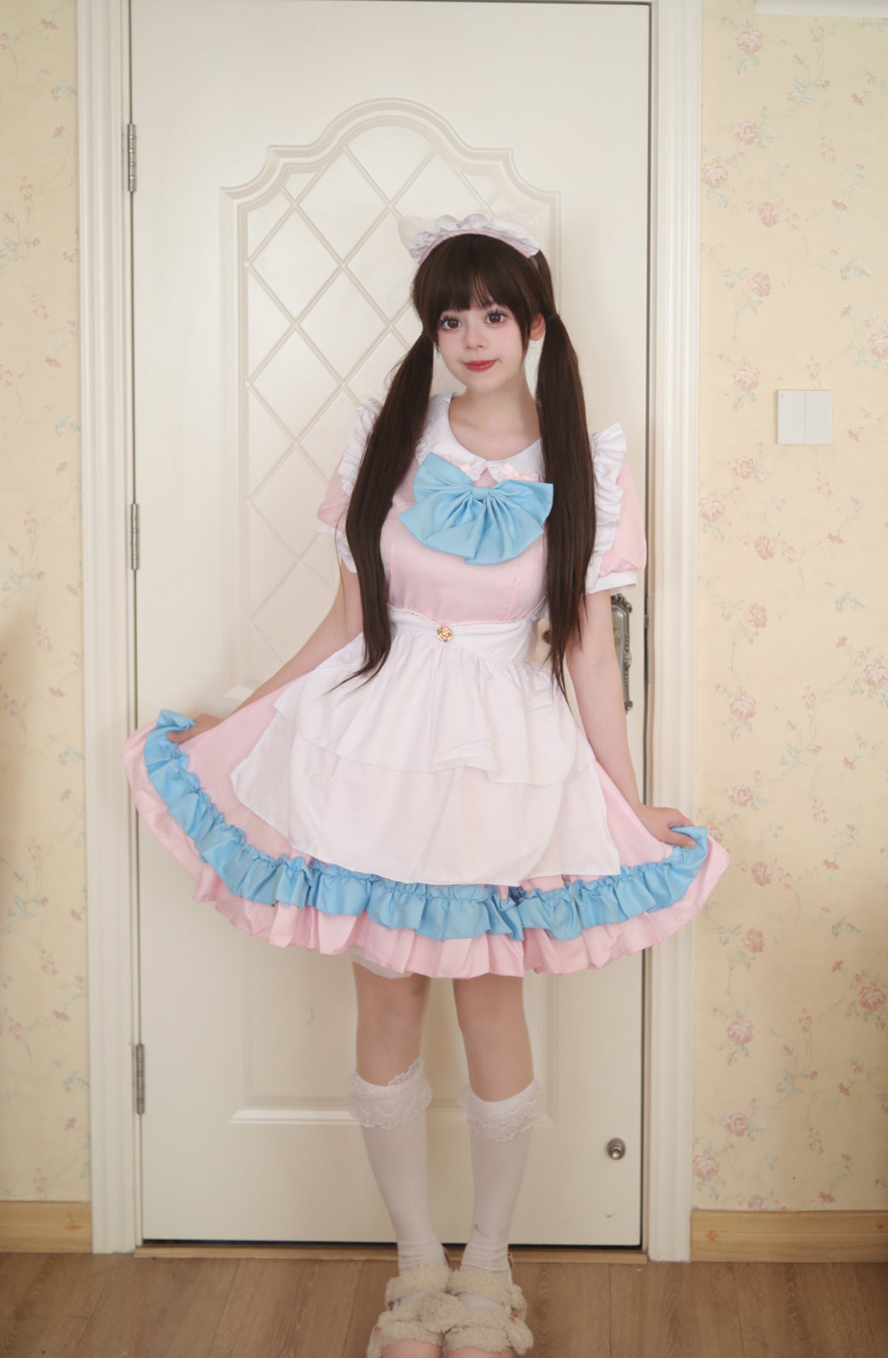 Blue Bow Pink Maid Outfit Crossdresser Plus Dress Cosplay Costume
