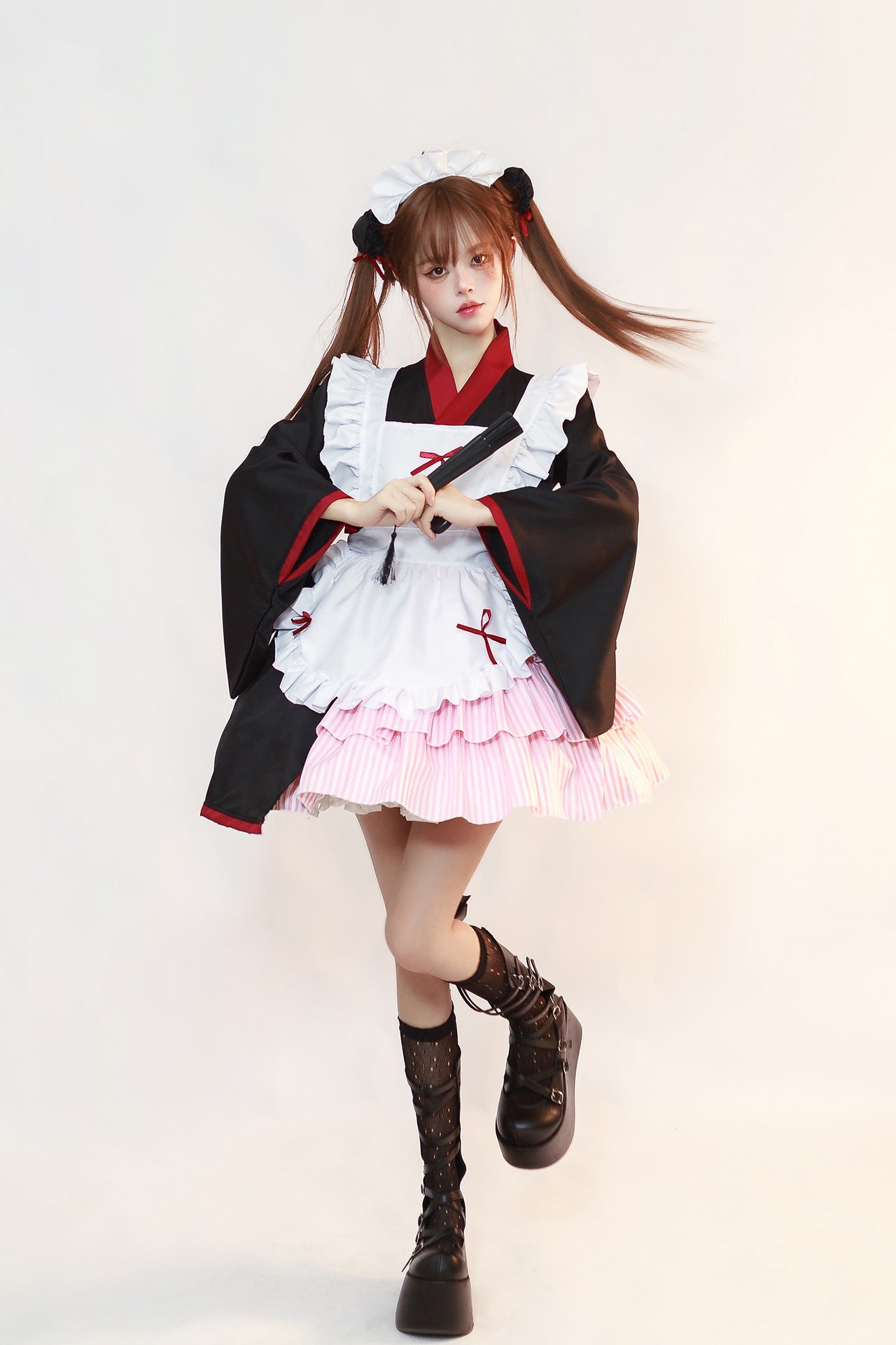 Pink Striped Skirt Kimono Maid Outfit Plus Size Cosplay Costume