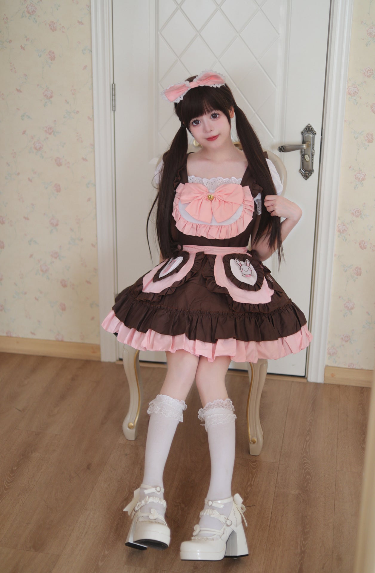 Original Cute Bunny Maid Outfit Pink Brown Plus Cosplay Costume