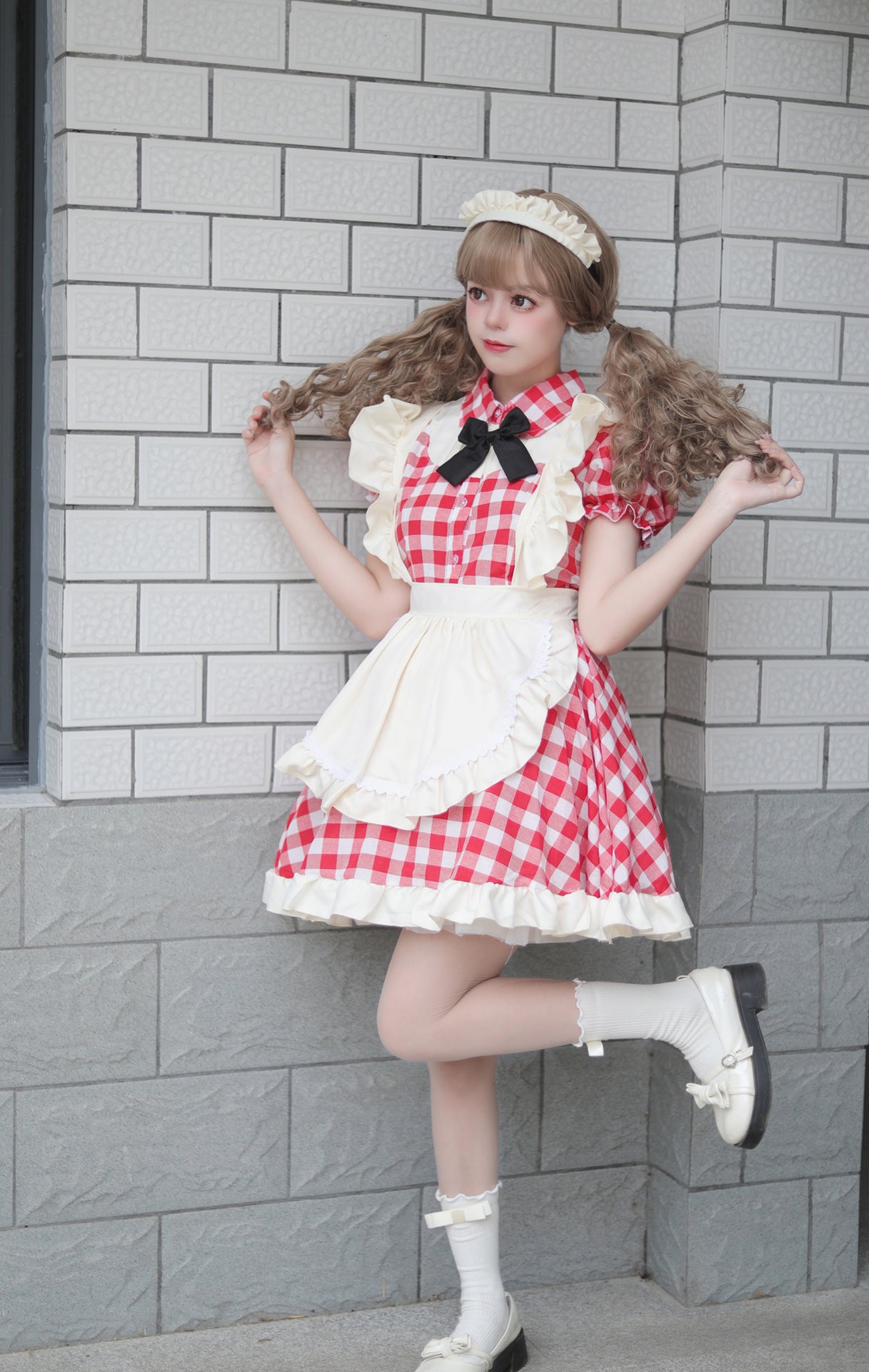 Black Red Grid Plus Size Maid Outfit Dress Fancy Cosplay Costume