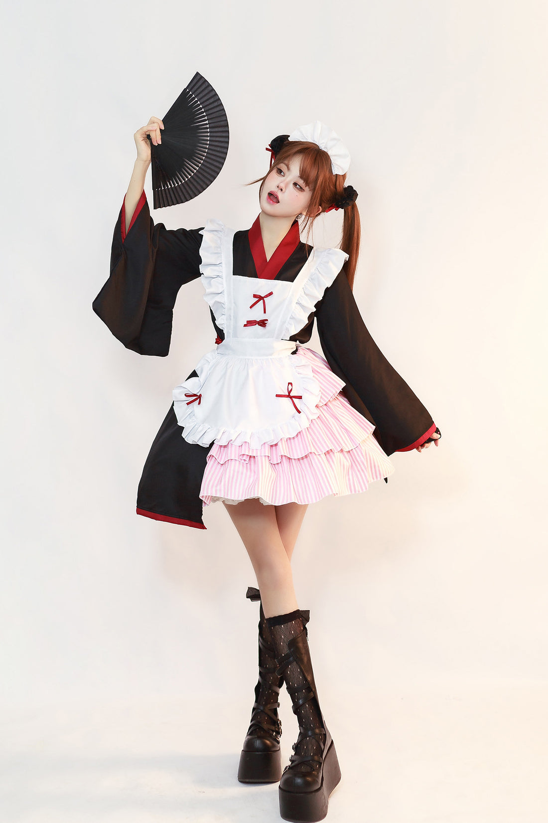 Pink Striped Skirt Kimono Maid Outfit Plus Size Cosplay Costume