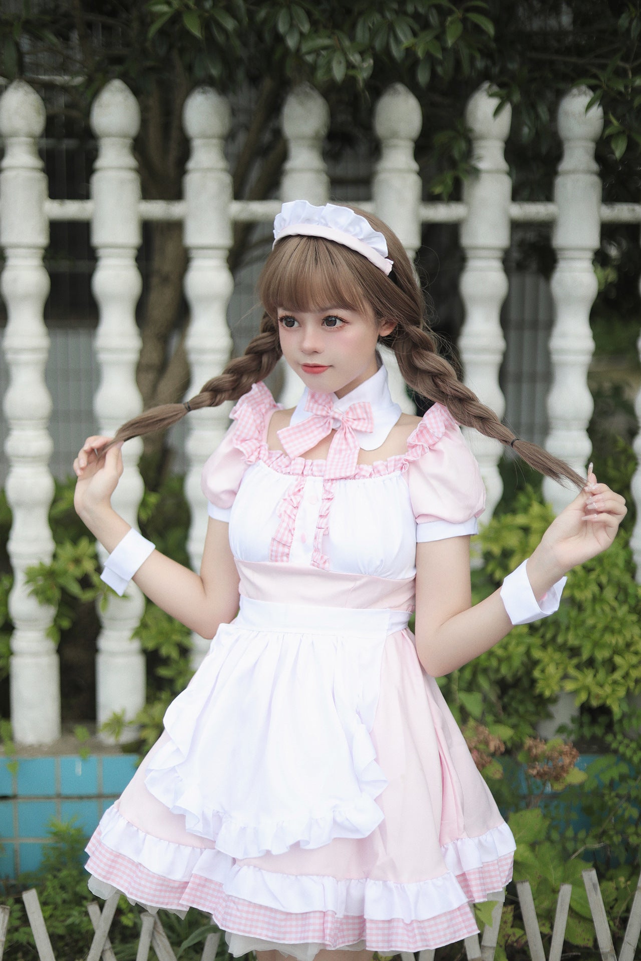 Akihabara Pink Plaid Maid Outfit Plus Dress Cosplay Costume