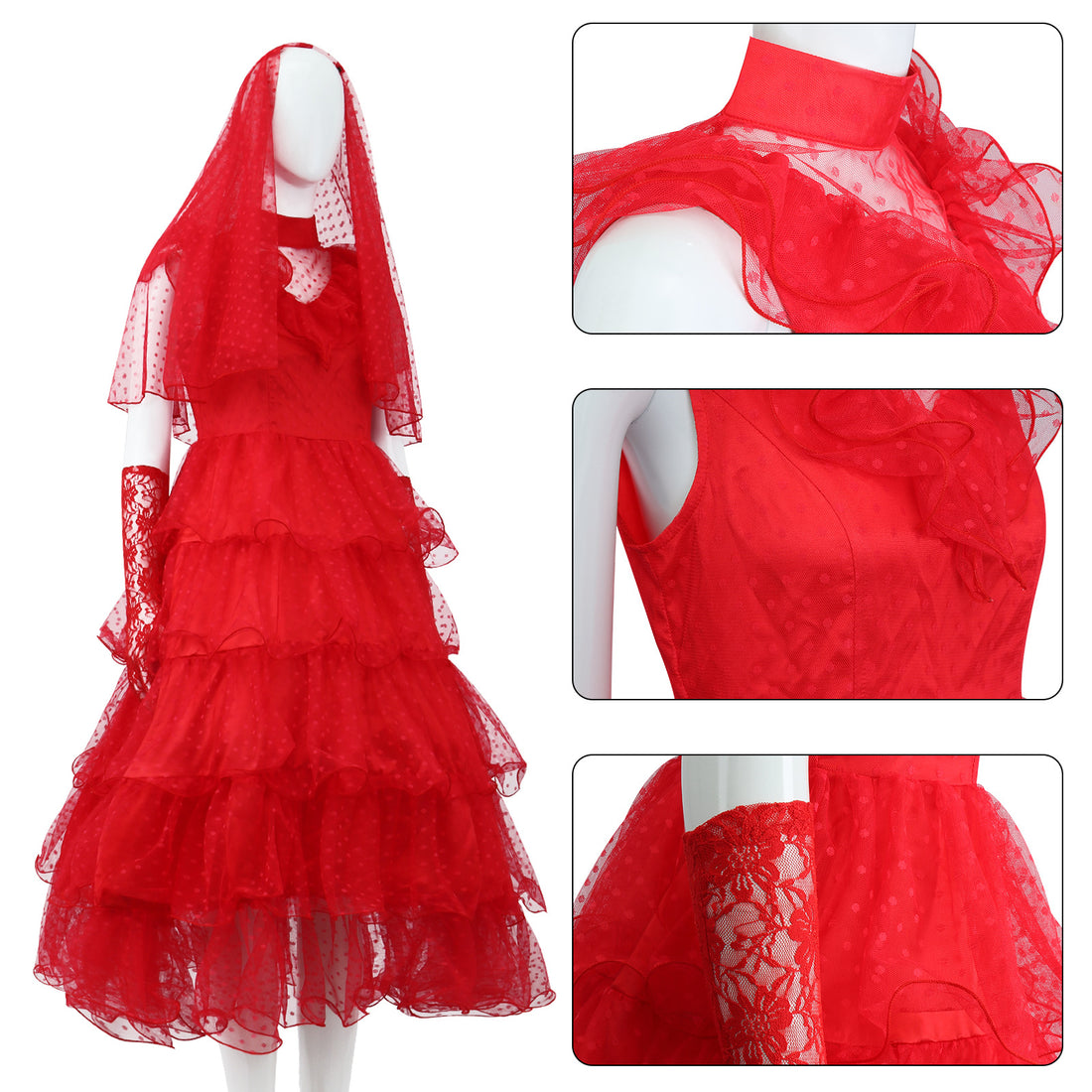 Beetle Juice Lydia Deetz Gilrs Red Wedding Dress Cosplay Costumes