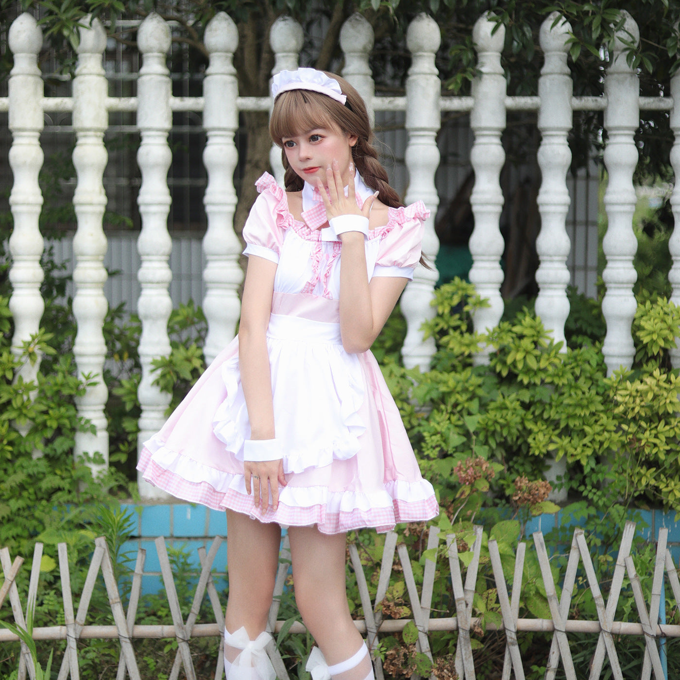 Akihabara Pink Plaid Maid Outfit Plus Dress Cosplay Costume