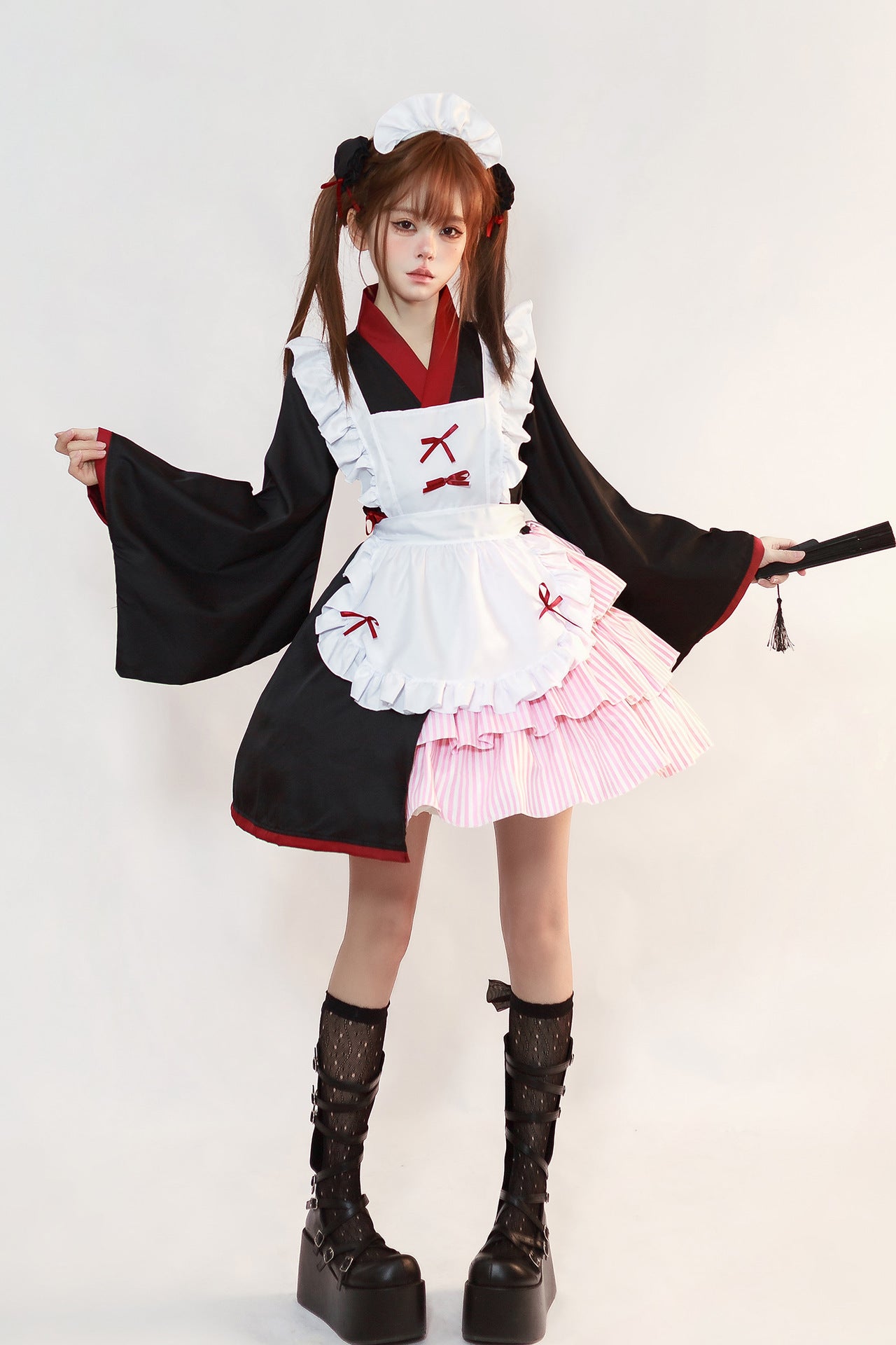 Pink Striped Skirt Kimono Maid Outfit Plus Size Cosplay Costume