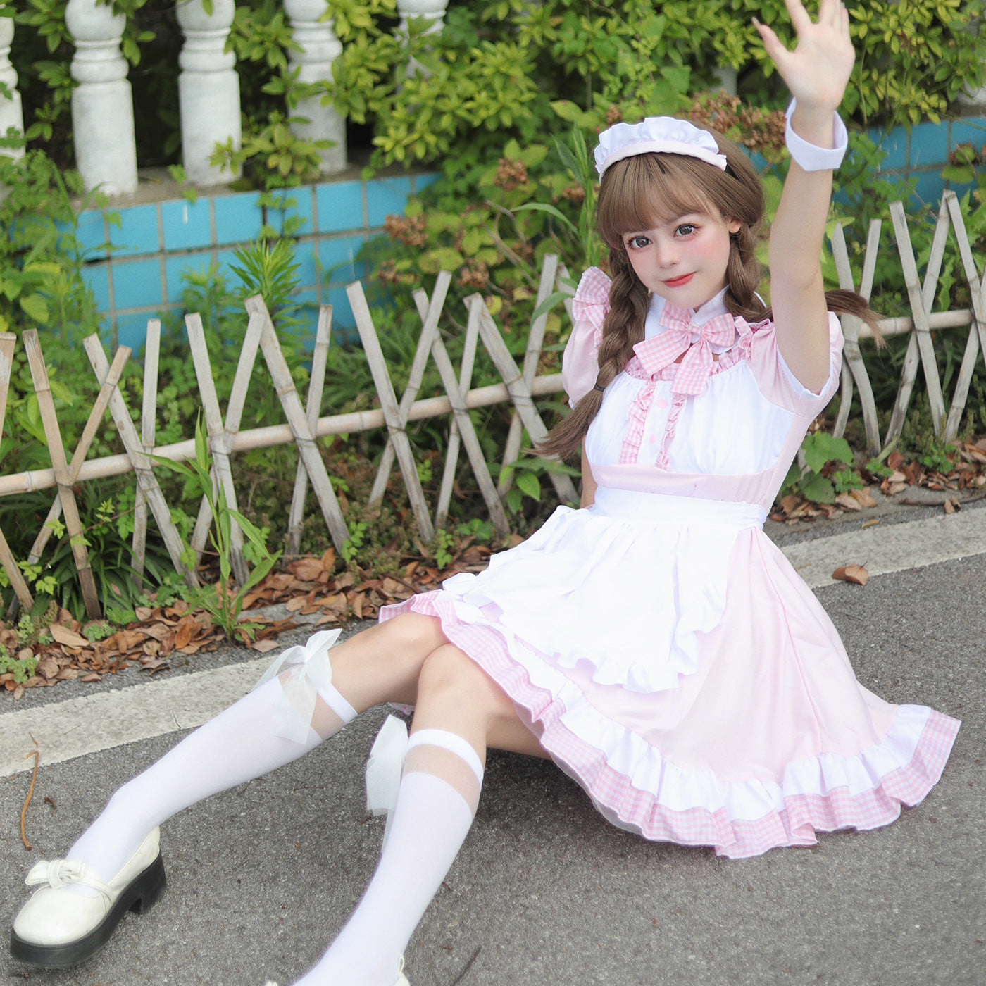 Akihabara Pink Plaid Maid Outfit Plus Dress Cosplay Costume