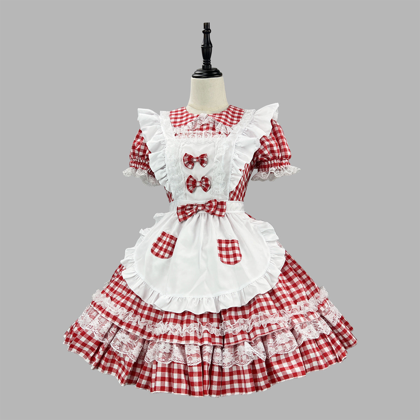 Red Plaid Cute Honey Maid Outfit Lolita Dress Cosplay Costume