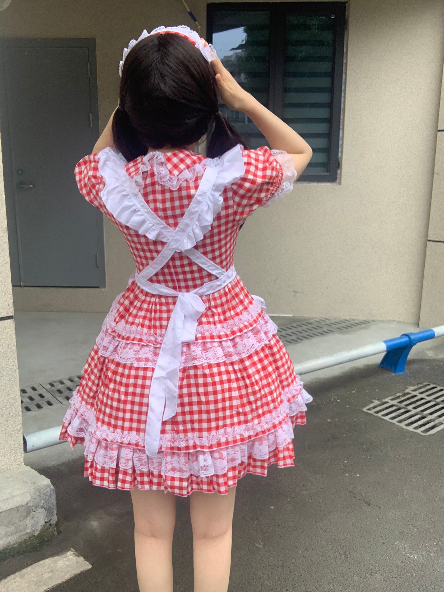 Red Plaid Cute Honey Maid Outfit Lolita Dress Cosplay Costume