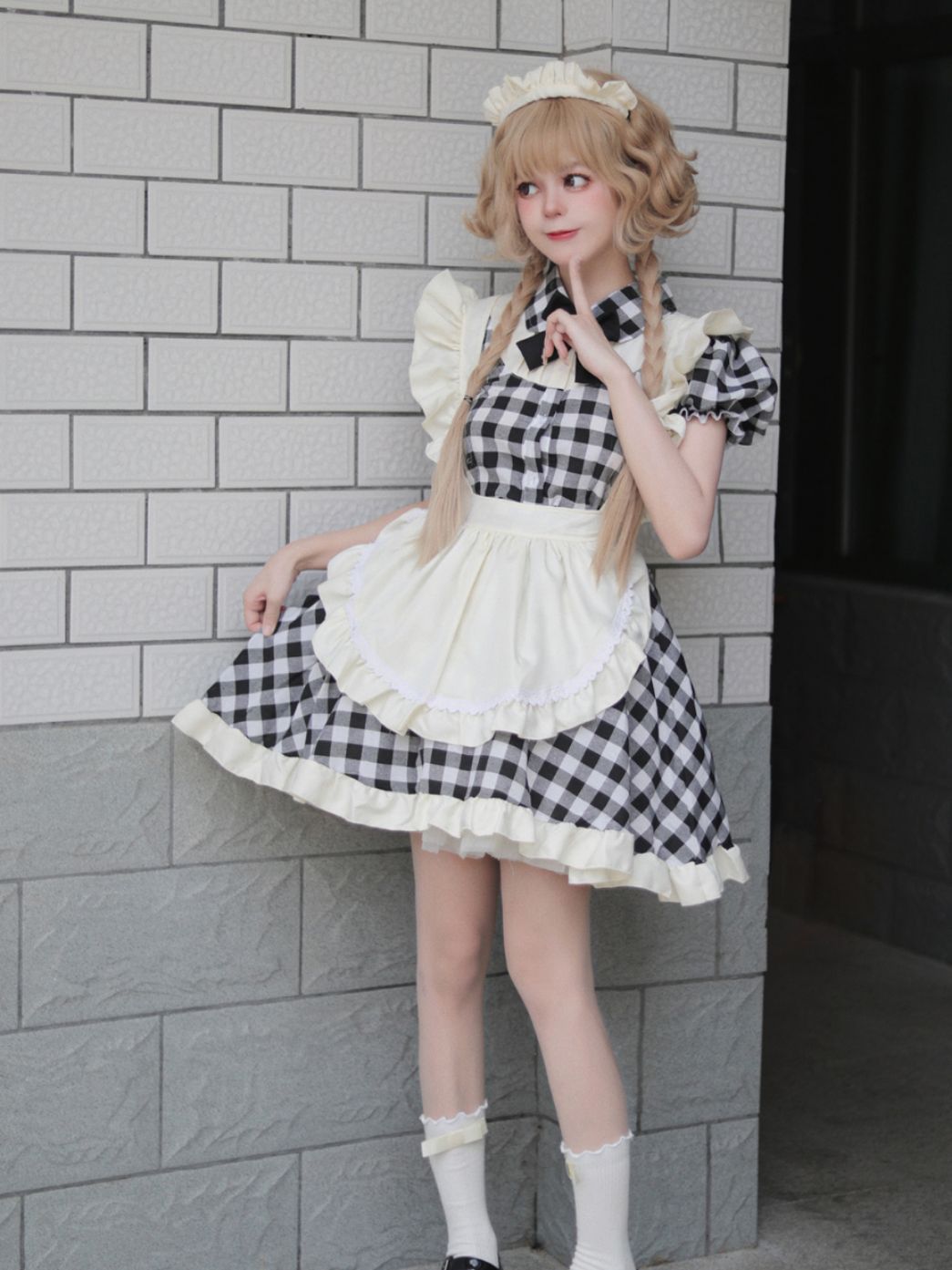 Black Red Grid Plus Size Maid Outfit Dress Fancy Cosplay Costume