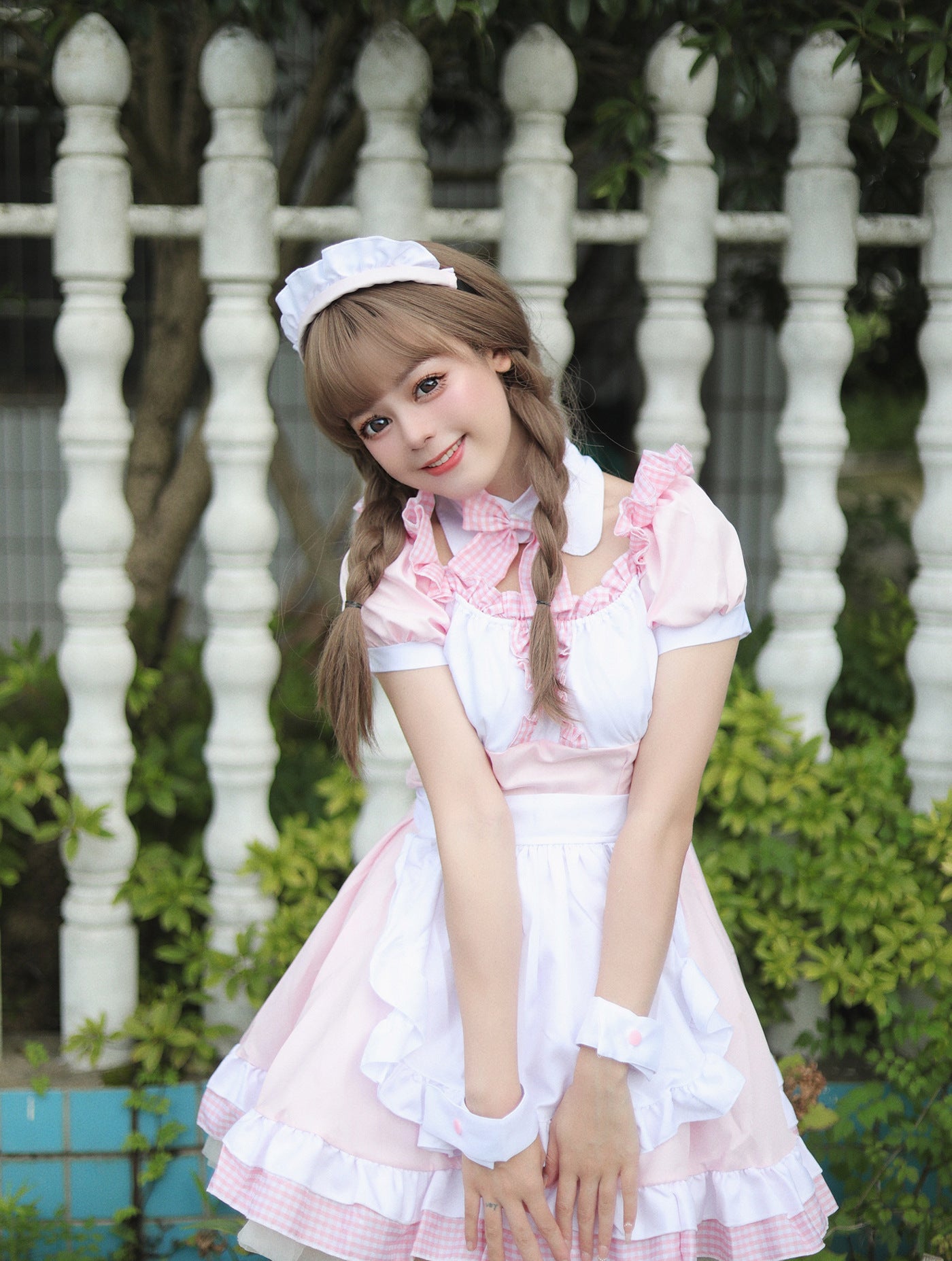 Akihabara Pink Plaid Maid Outfit Plus Dress Cosplay Costume