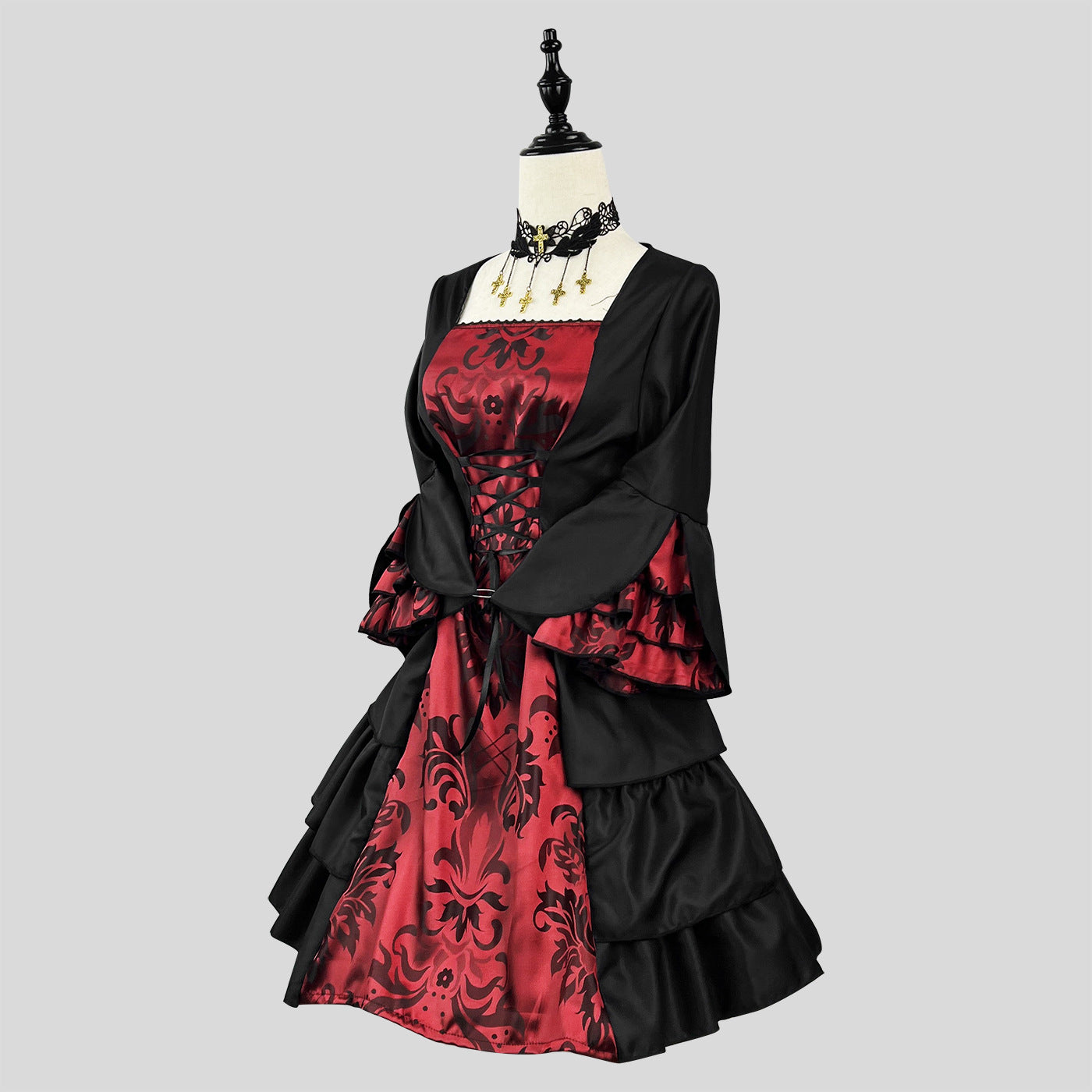 Black Floral Red Court Dress with Hooded Cloak Cosplay Costume