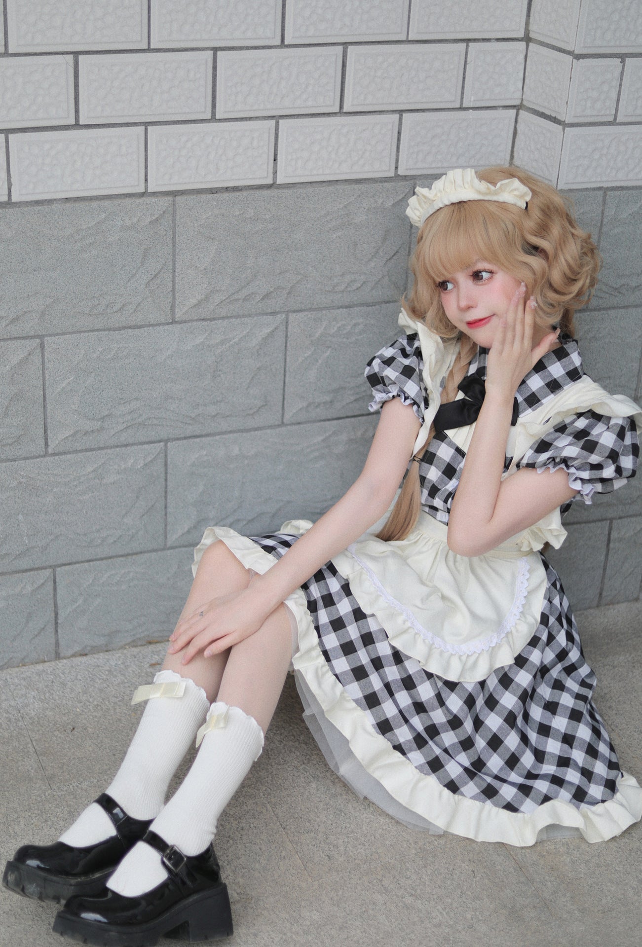 Black Red Grid Plus Size Maid Outfit Dress Fancy Cosplay Costume