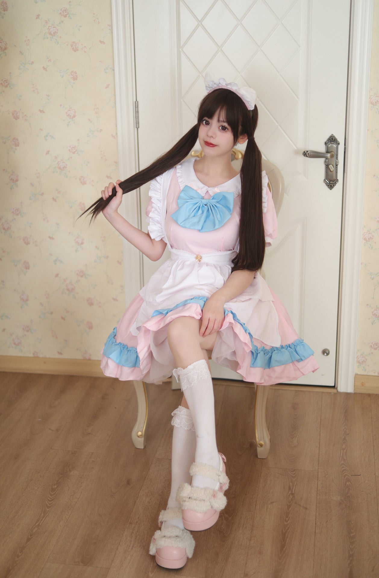 Blue Bow Pink Maid Outfit Crossdresser Plus Dress Cosplay Costume