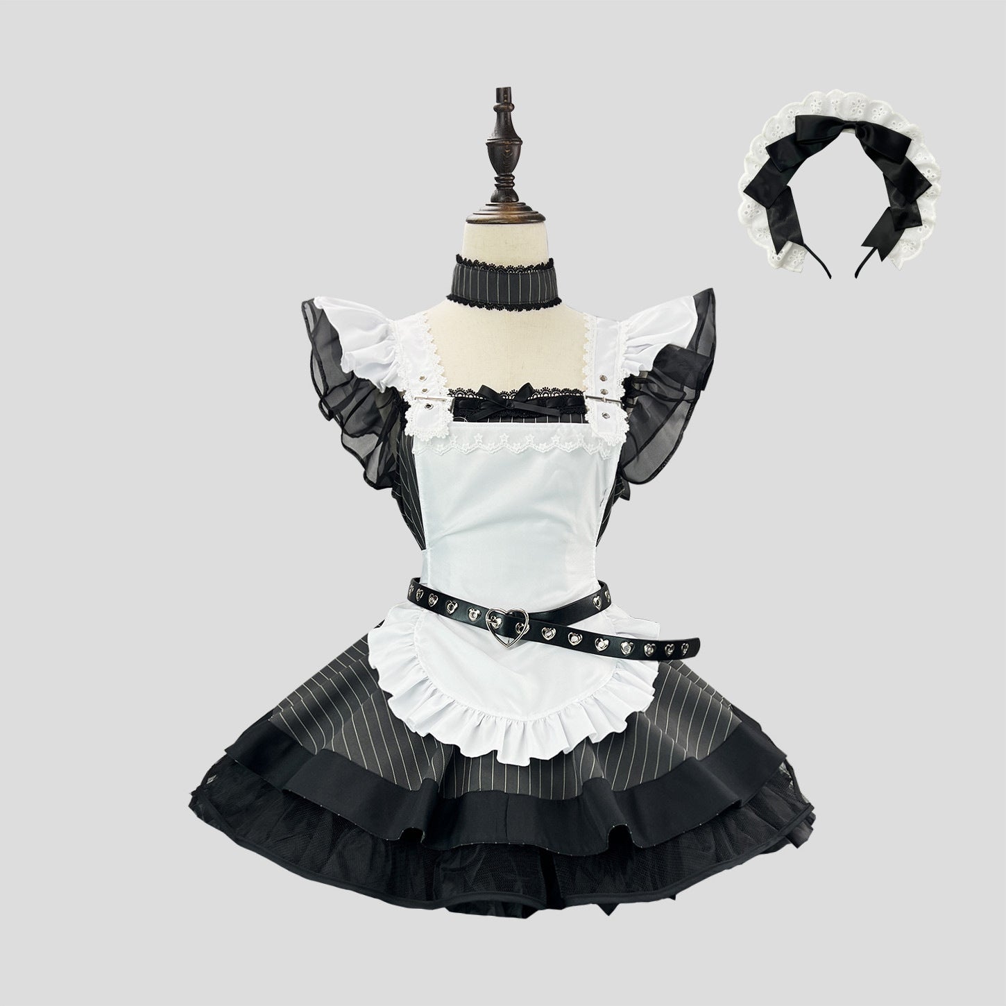 Black White Stripes Maid Outfit Lolita Short Dress Cosplay Costume