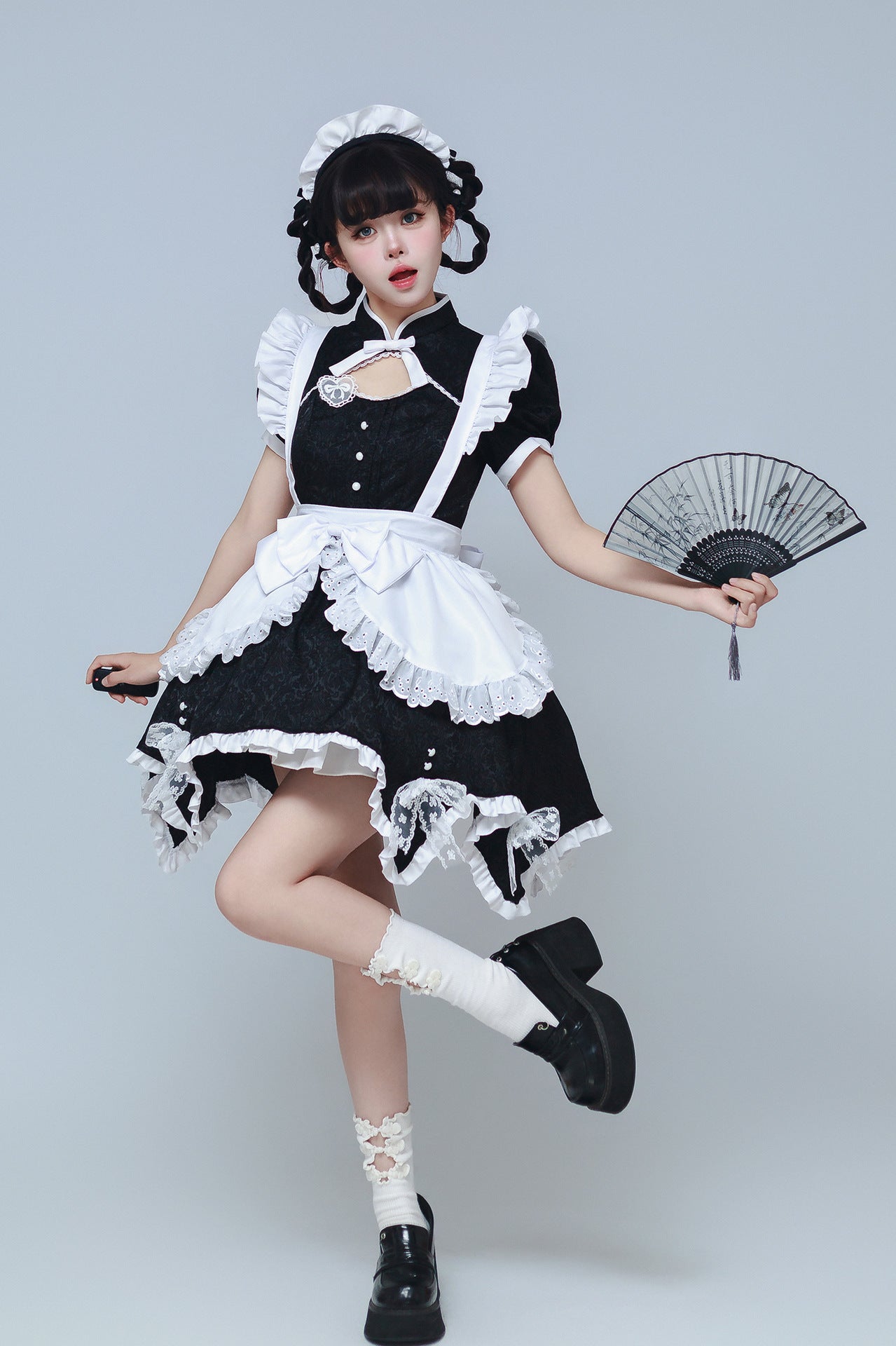 Black Low Contrast Damask Maid Outfit Cheongsam Cosplay Costume