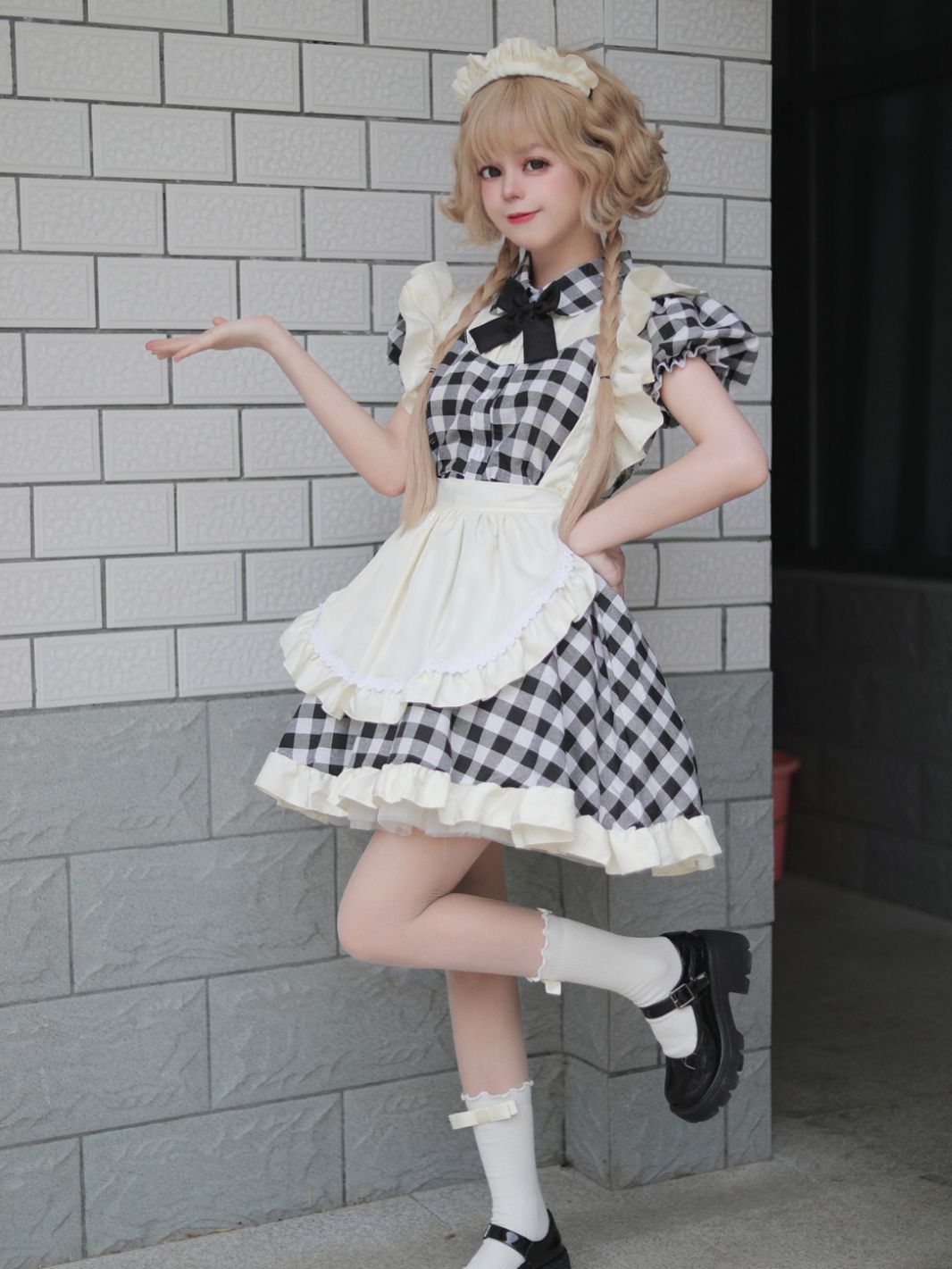 Black Red Grid Plus Size Maid Outfit Dress Fancy Cosplay Costume