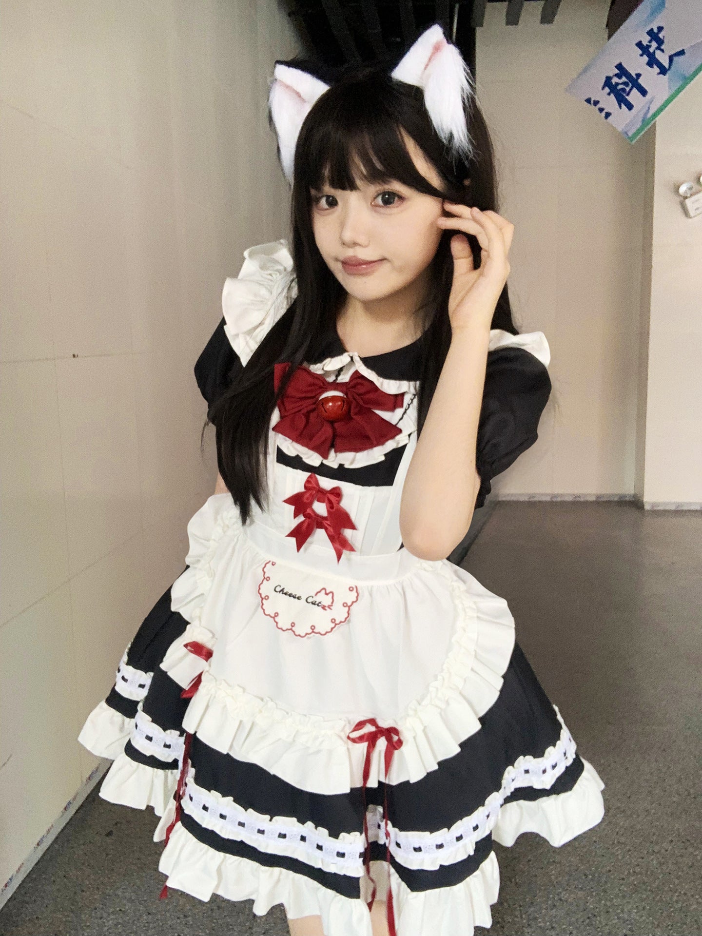 Cafe Waitress Red Bow Maid Outfit Lolita Dress Cosplay Costume