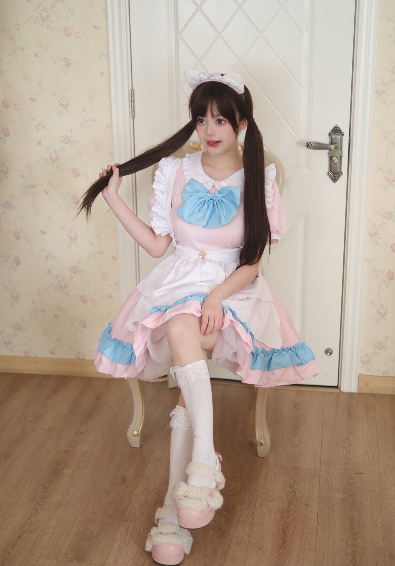 Blue Bow Pink Maid Outfit Crossdresser Plus Dress Cosplay Costume