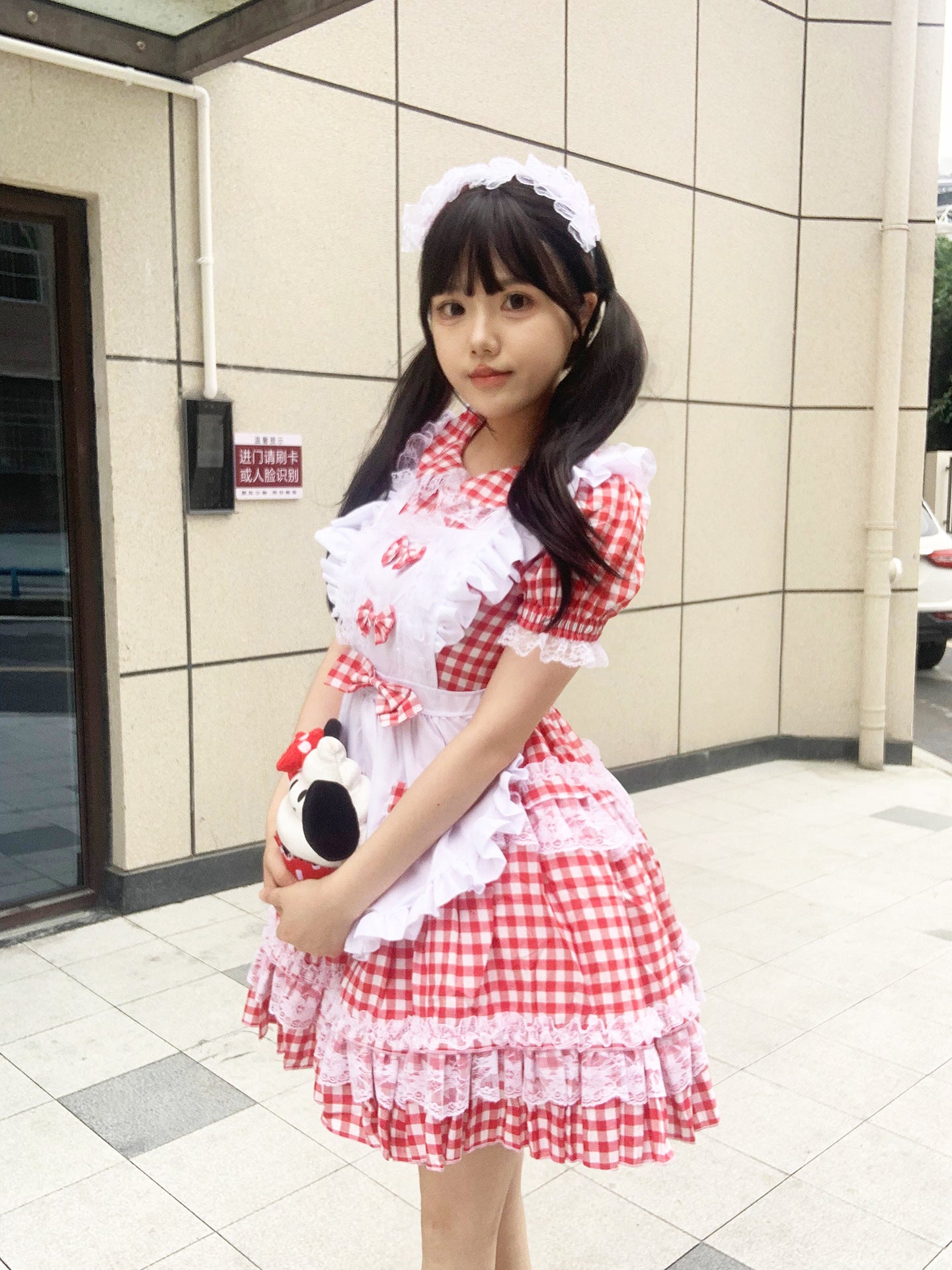 Red Plaid Cute Honey Maid Outfit Lolita Dress Cosplay Costume