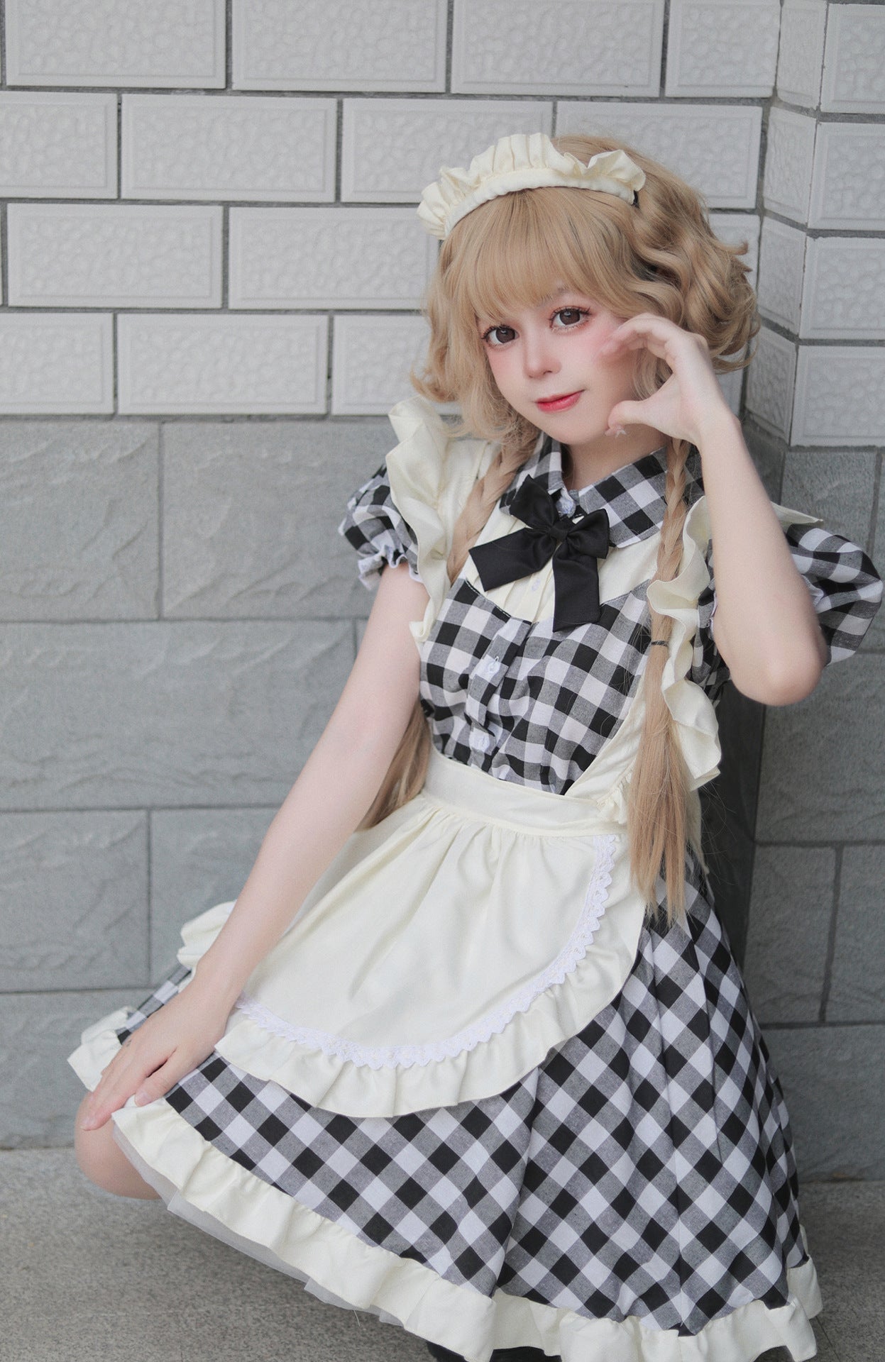 Black Red Grid Plus Size Maid Outfit Dress Fancy Cosplay Costume