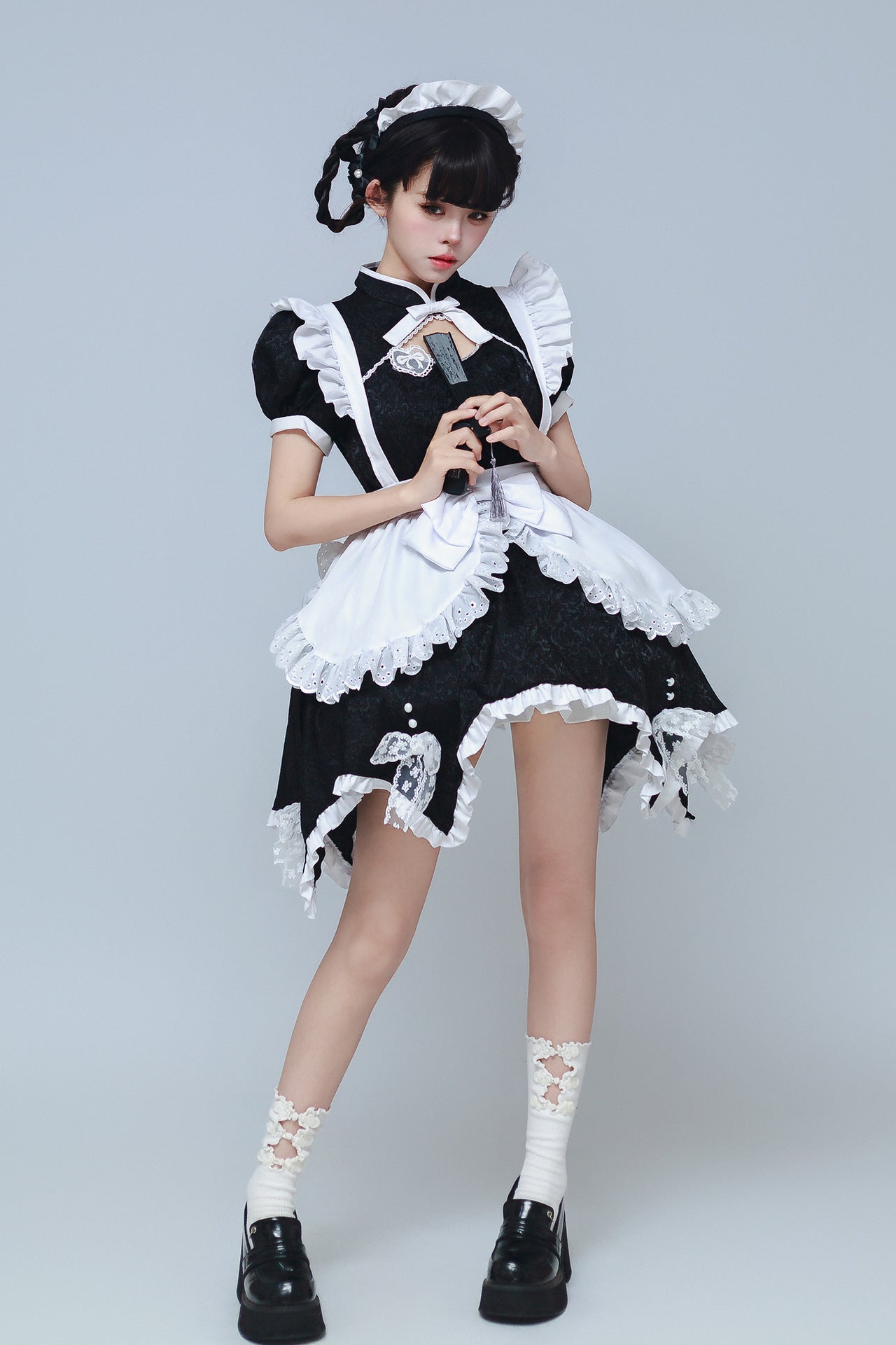 Black Low Contrast Damask Maid Outfit Cheongsam Cosplay Costume