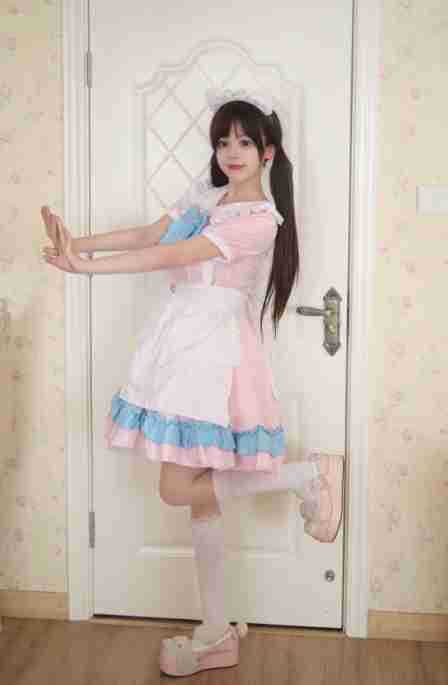 Blue Bow Pink Maid Outfit Crossdresser Plus Dress Cosplay Costume