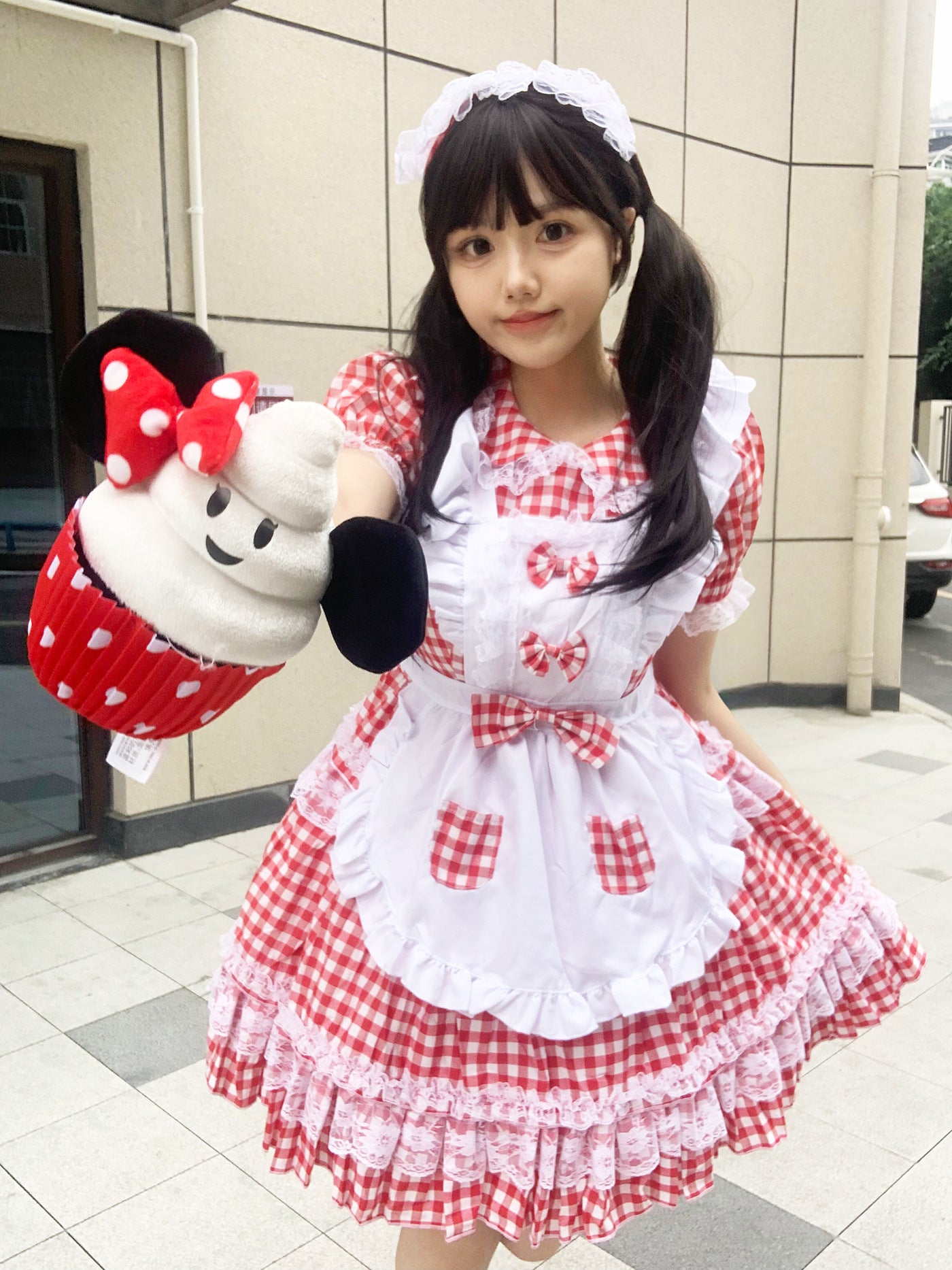 Red Plaid Cute Honey Maid Outfit Lolita Dress Cosplay Costume